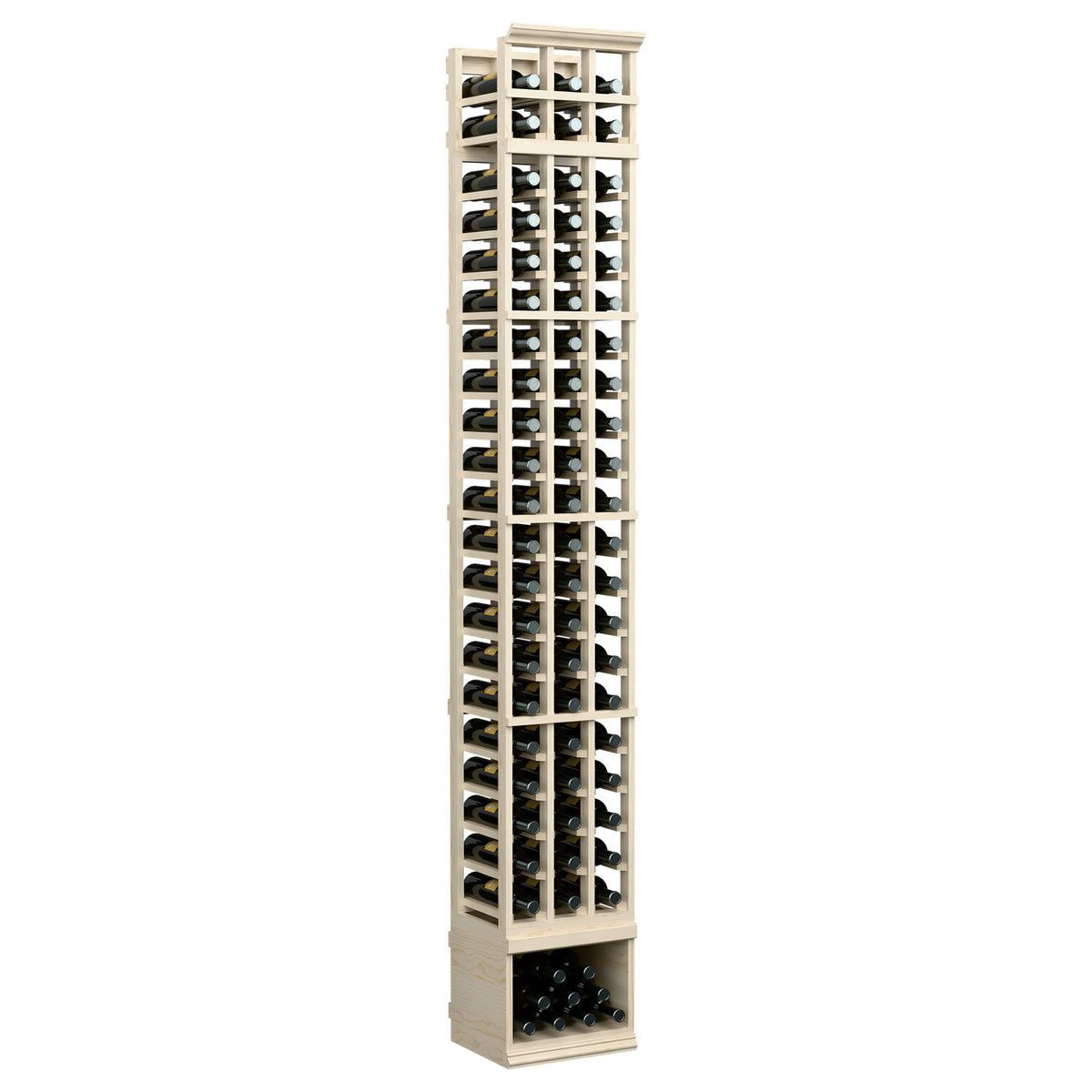 Three-column 8 ft wooden wine bottle rack, light grey finish, square bottle slots
