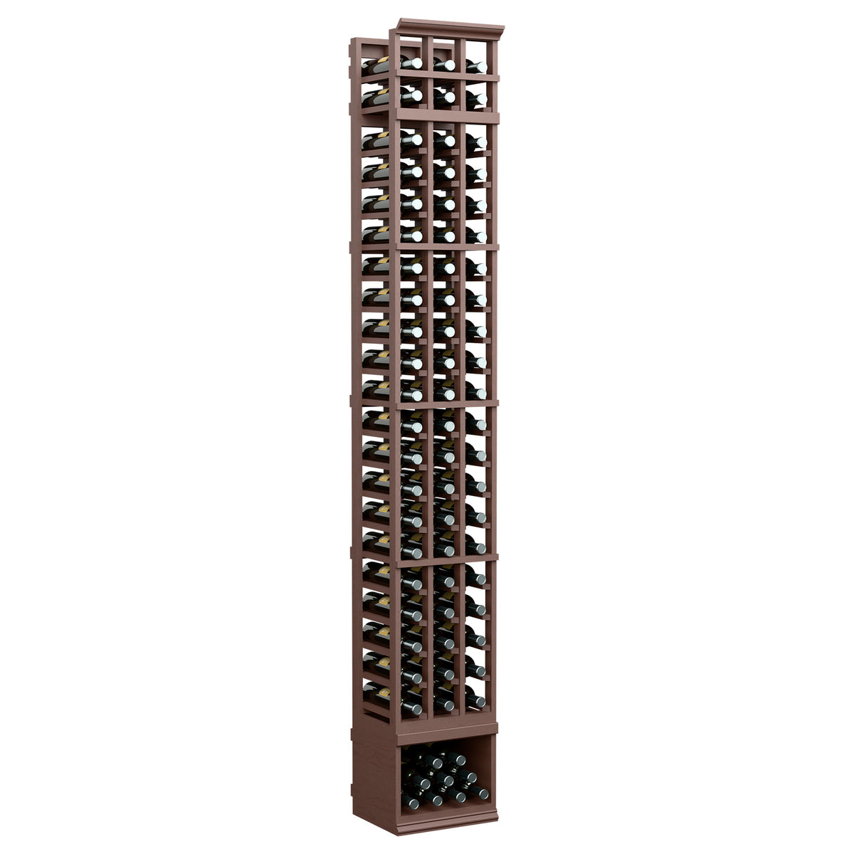 Three-column 8 ft wooden wine bottle rack, dark brown finish, square bottle slots