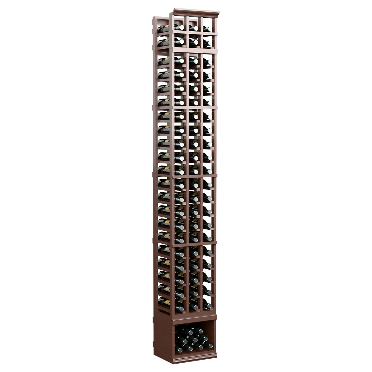 Three-column 8 ft wooden wine bottle rack, deep brown finish, square bottle slots