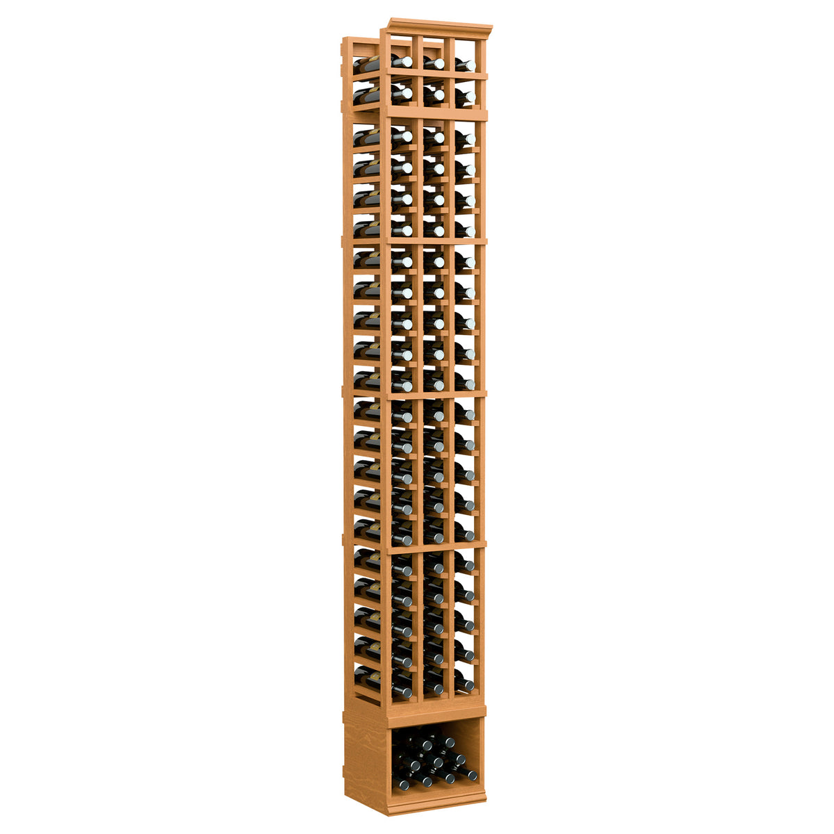 Three-column 8 ft wooden wine bottle rack, warm honey finish, square bottle slots