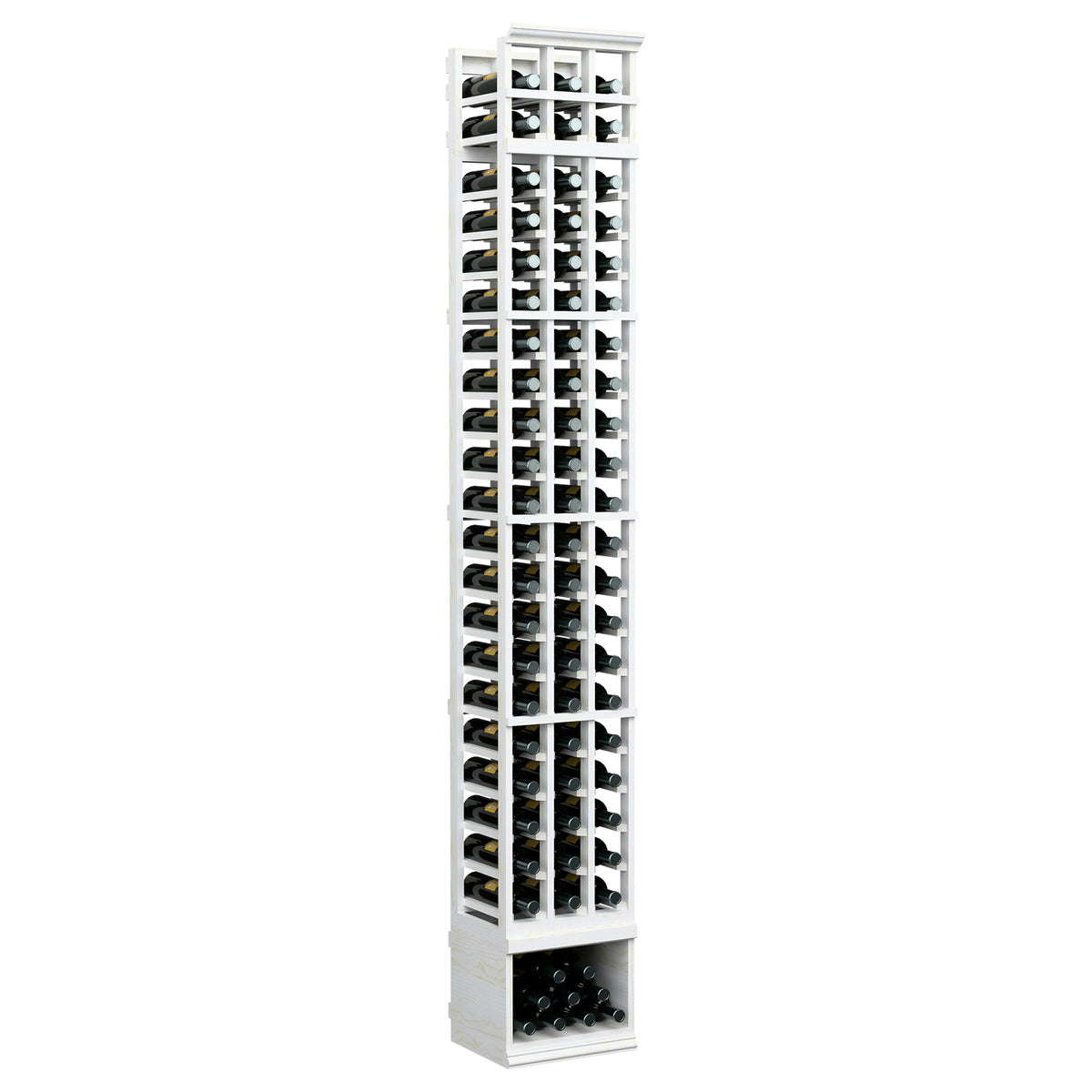 Three-column 8 ft wooden wine bottle rack, bright white finish, square bottle slots