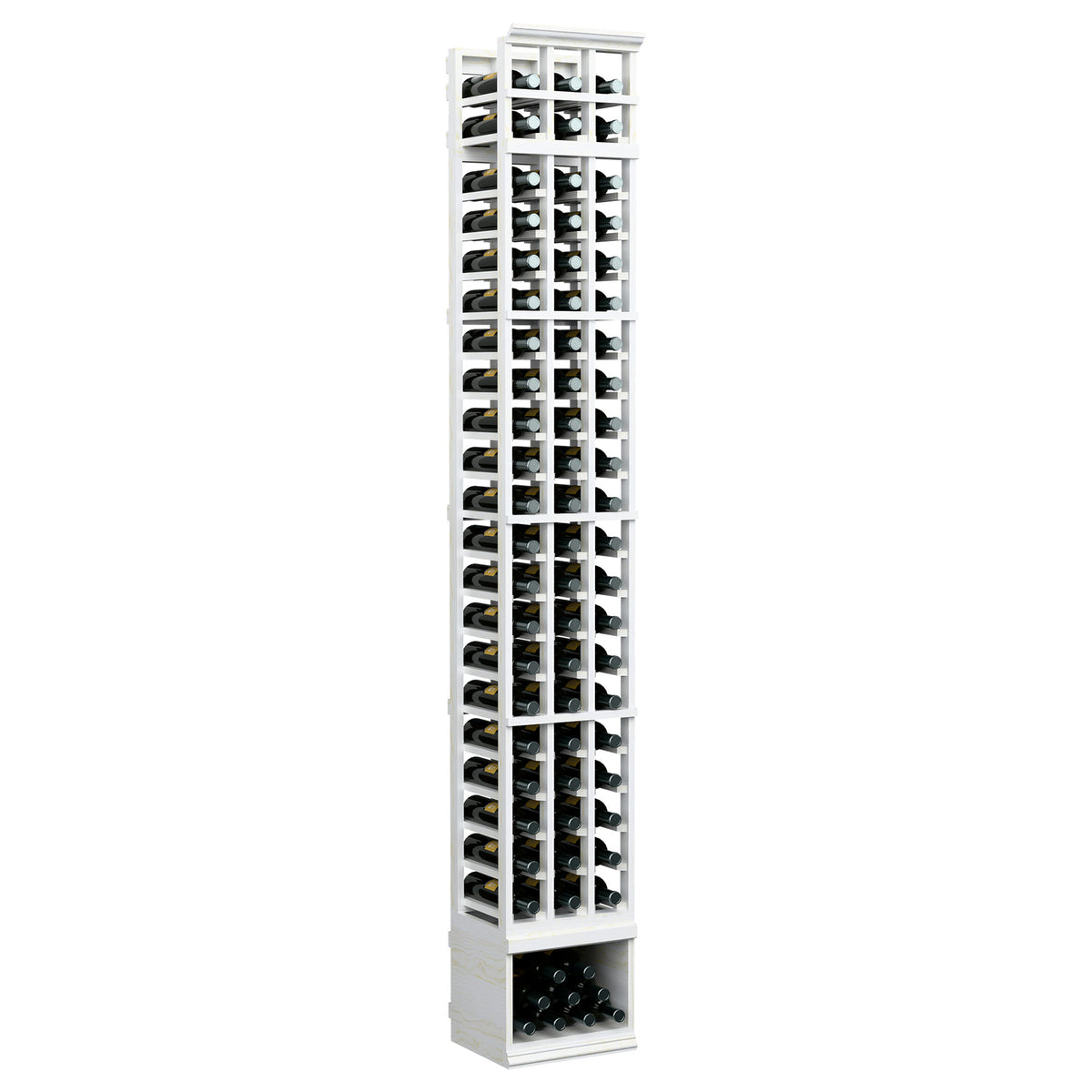 Three-column 8 ft wooden wine bottle rack, whitewashed finish, square bottle slots