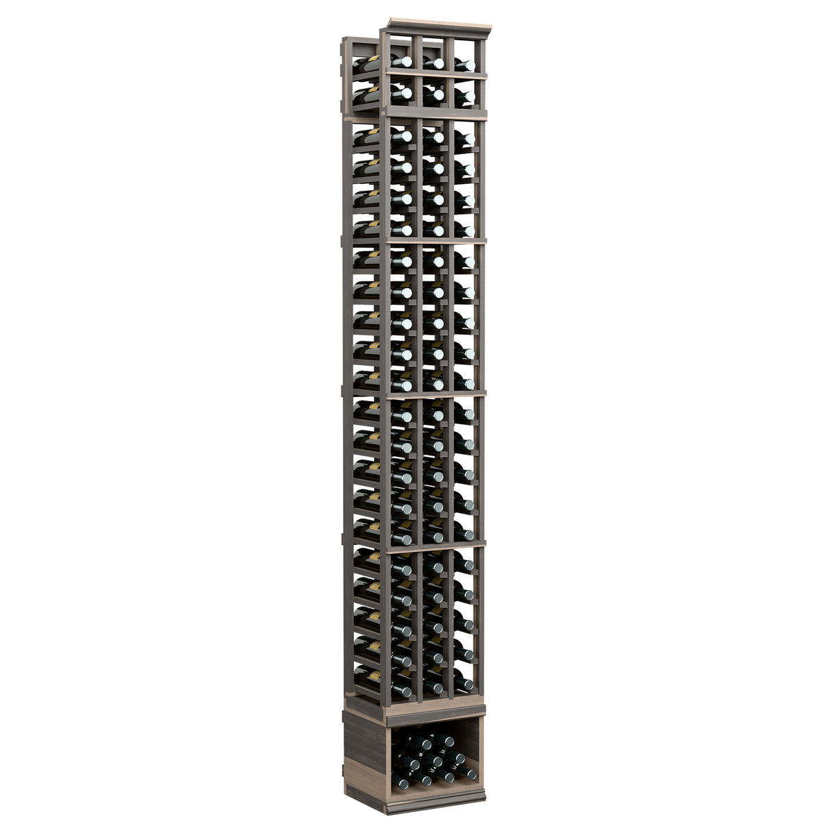 3-column wine bottle rack, dark frame with glass bottle compartments and wooden base