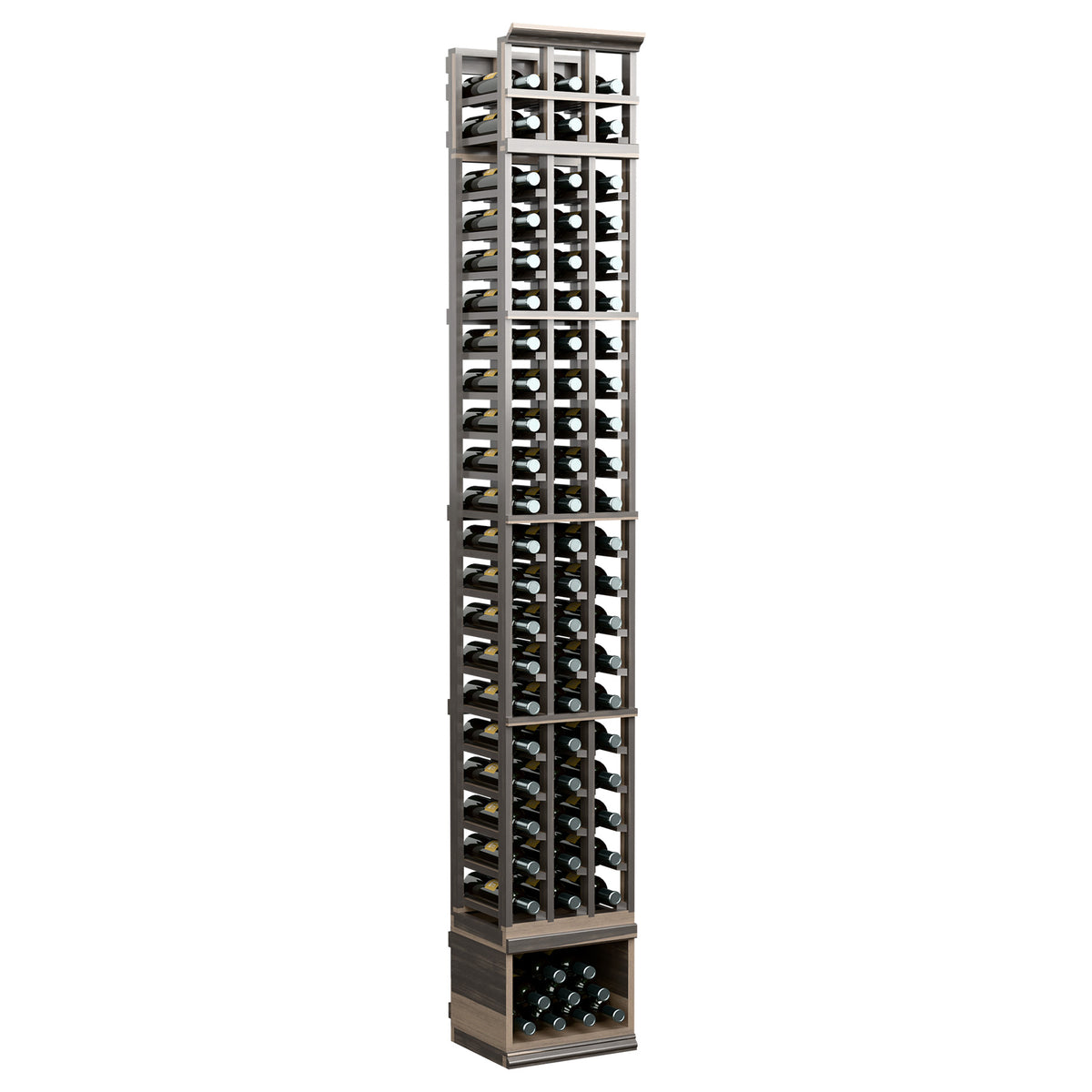 3-column wine bottle rack, dark frame with glass slots and bottom wine bottle section