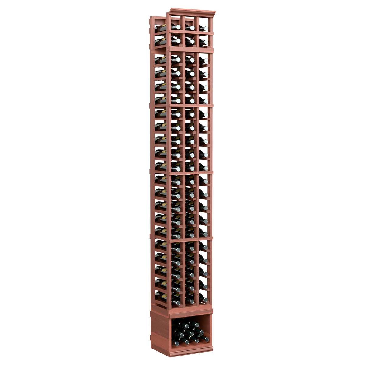 3-column wine bottle rack, red wood frame with glass bottle compartments