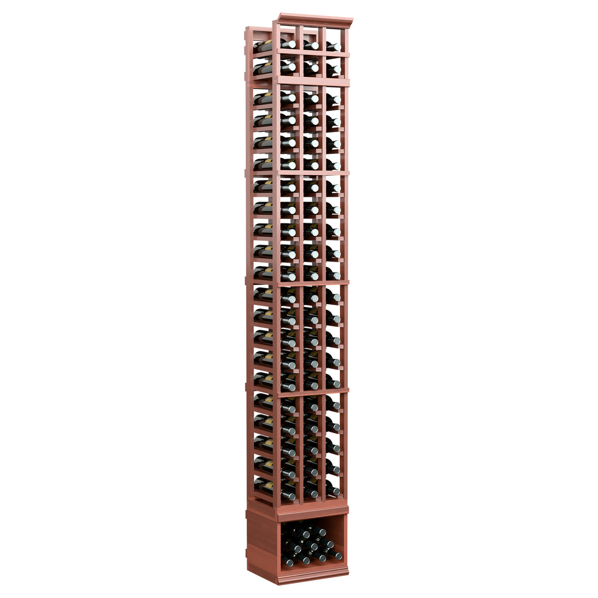 3-column wine bottle rack, warm brown wood frame with glass bottle compartments