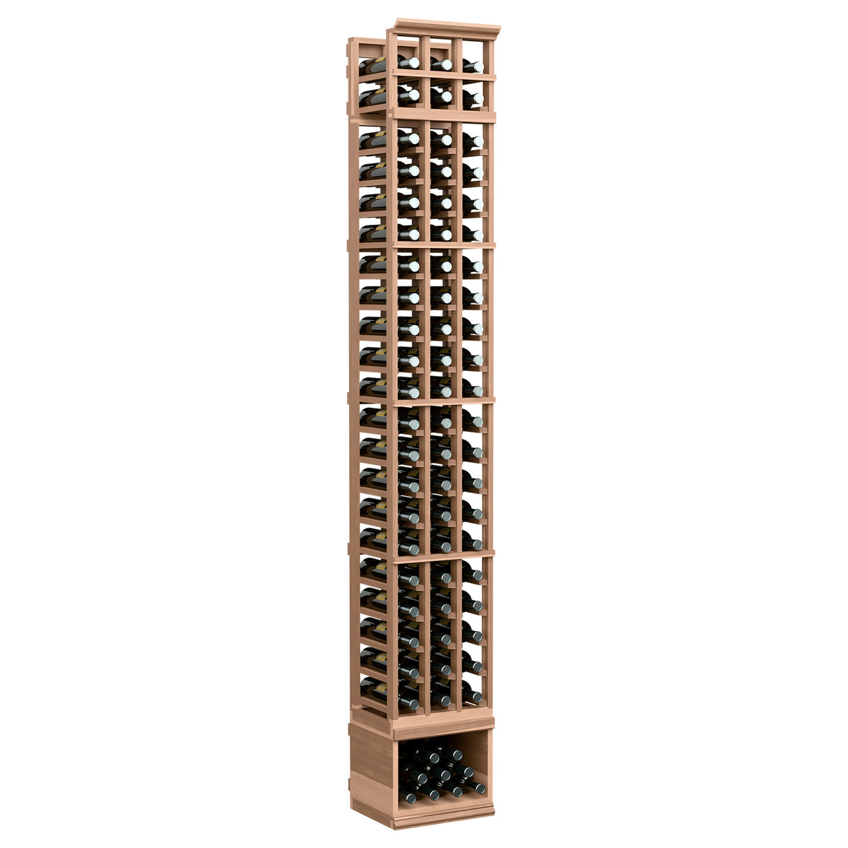 3-column wine bottle rack, light wood frame with glass bottle compartments