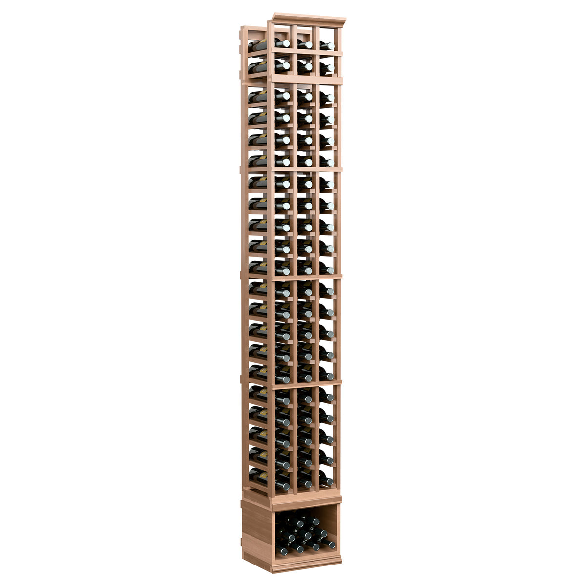 3-column wine bottle rack, light wood frame with glass bottle slots and darker base panel