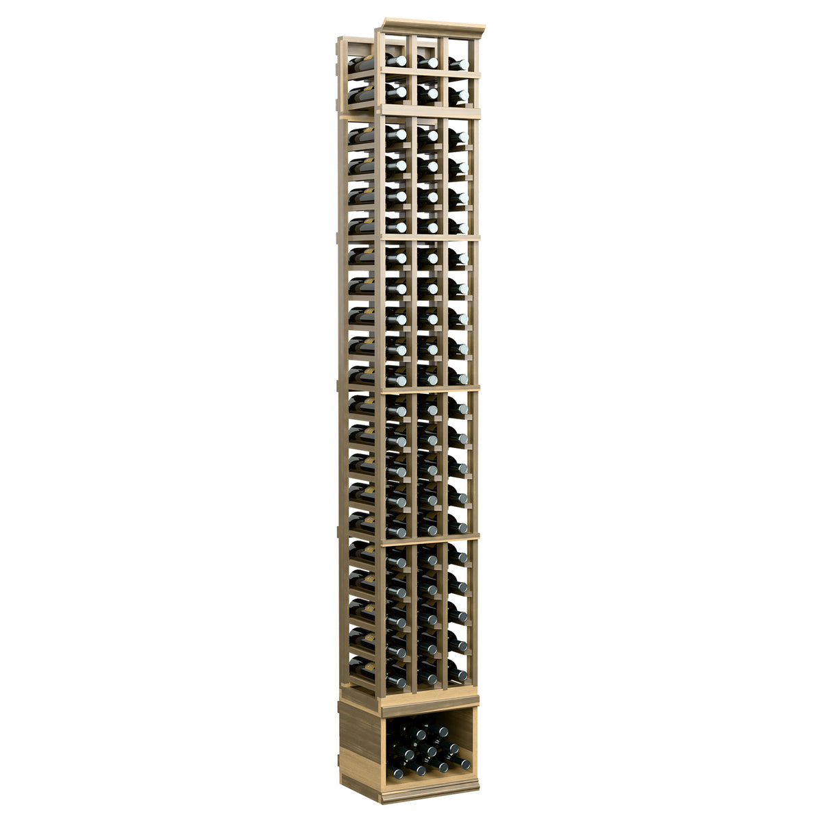 3-column wine bottle rack, light wood frame with glass bottle slots
