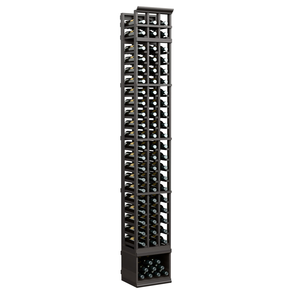 3-column wine bottle rack, black frame with glass bottle compartments