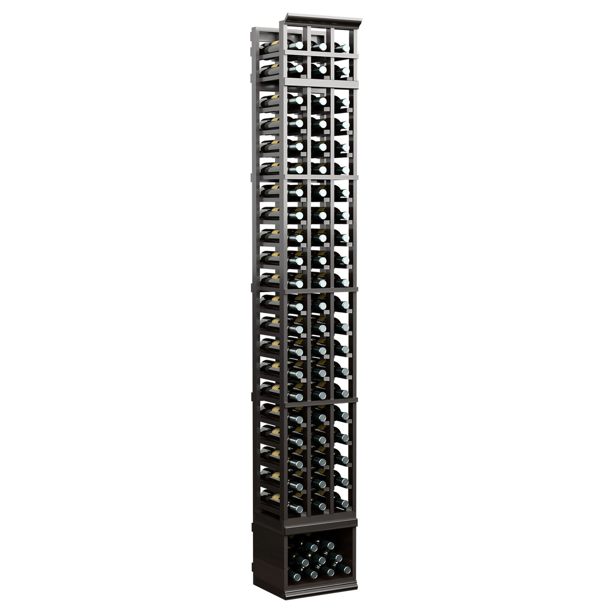 3-column wine bottle rack, black frame with glass bottle compartments and bottom wine bottles