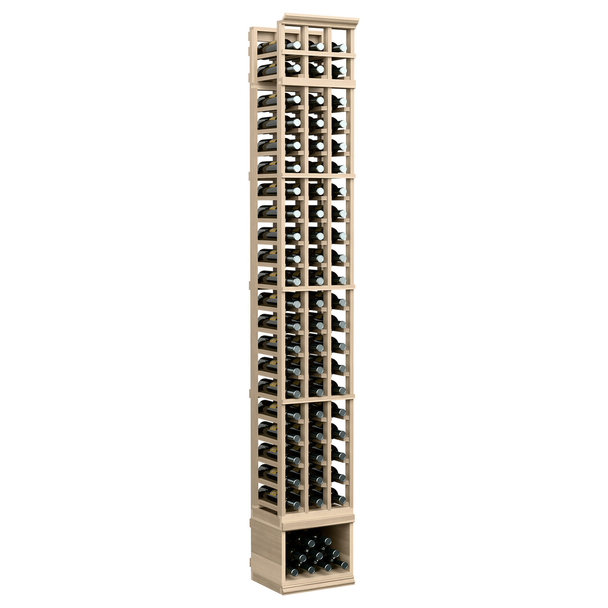3-column wine bottle rack, light wood frame with front bottle slots and base holder