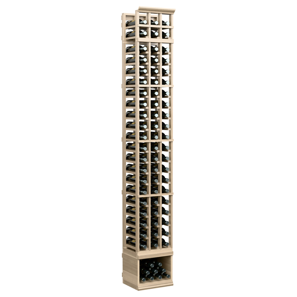 3-column wine bottle rack, light wood frame with front bottle grid and bottom compartment
