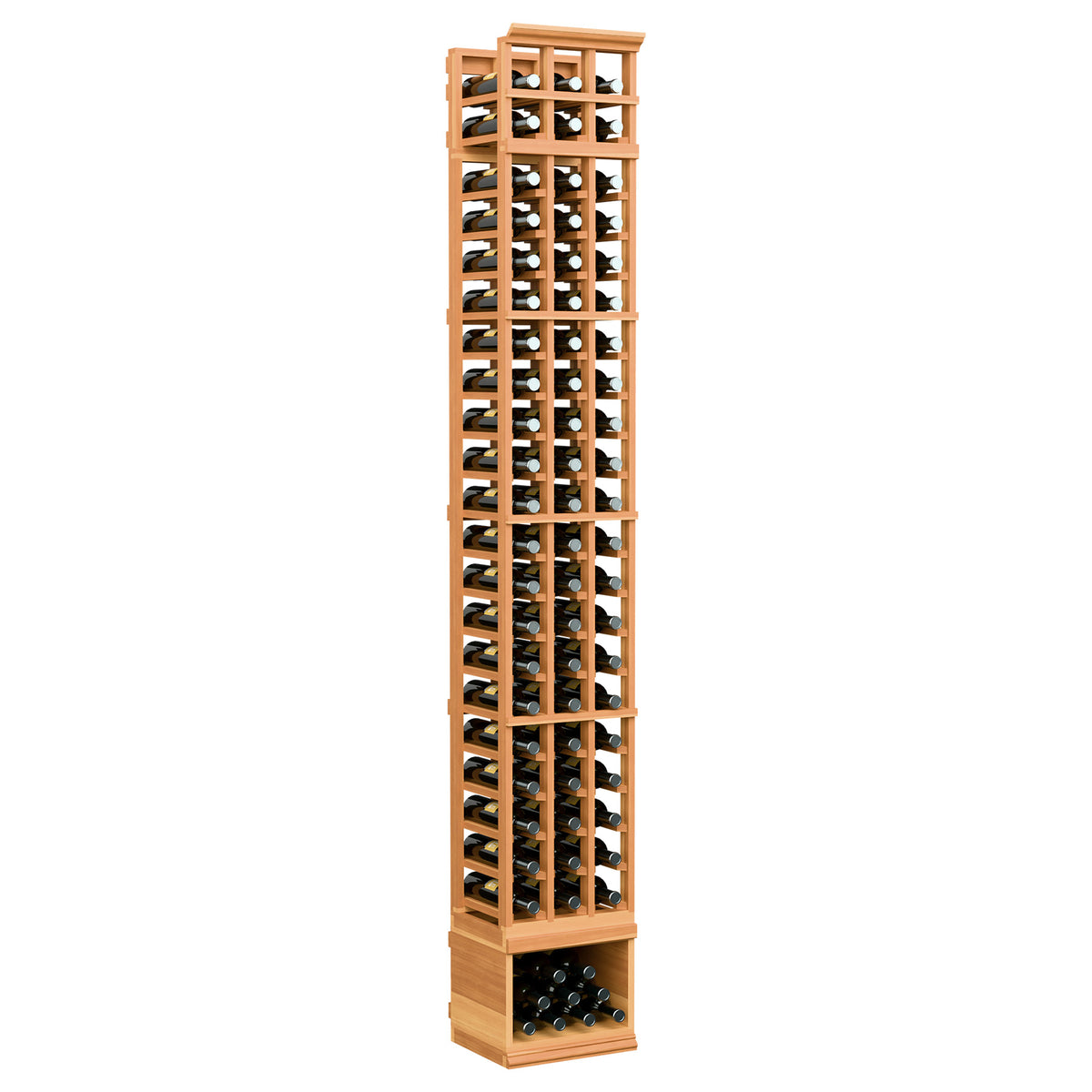 3-column wine bottle rack, reddish wood frame with front bottle openings and base holder