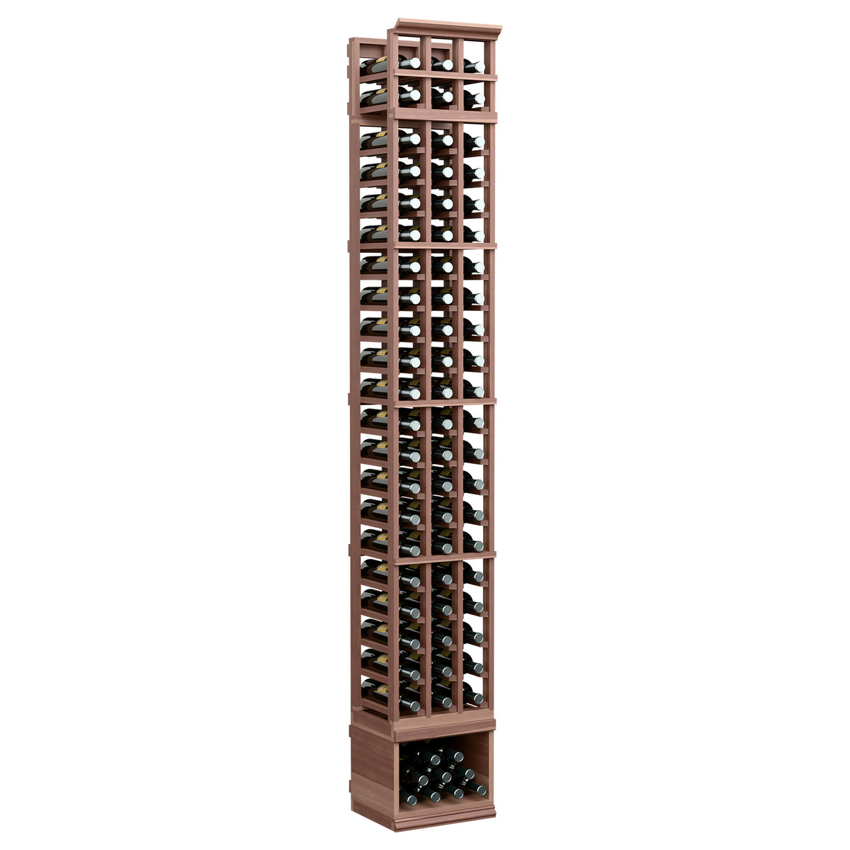 3-column wine bottle rack, dark wood frame with front bottle openings and bottom compartment