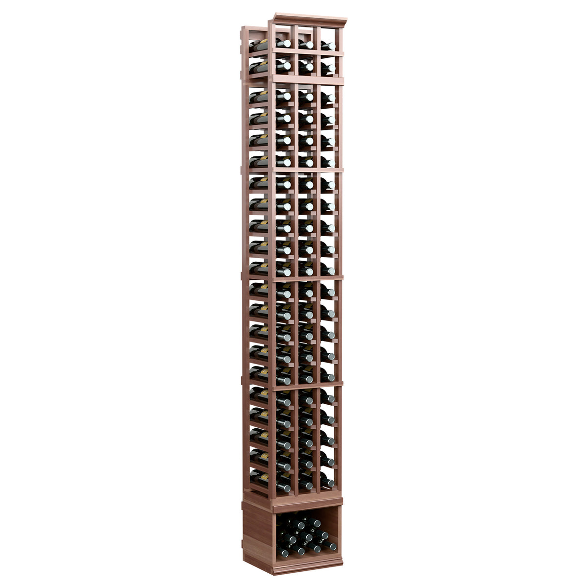 3-column wine bottle rack, dark wood frame with front bottle grid and lower bottle holder