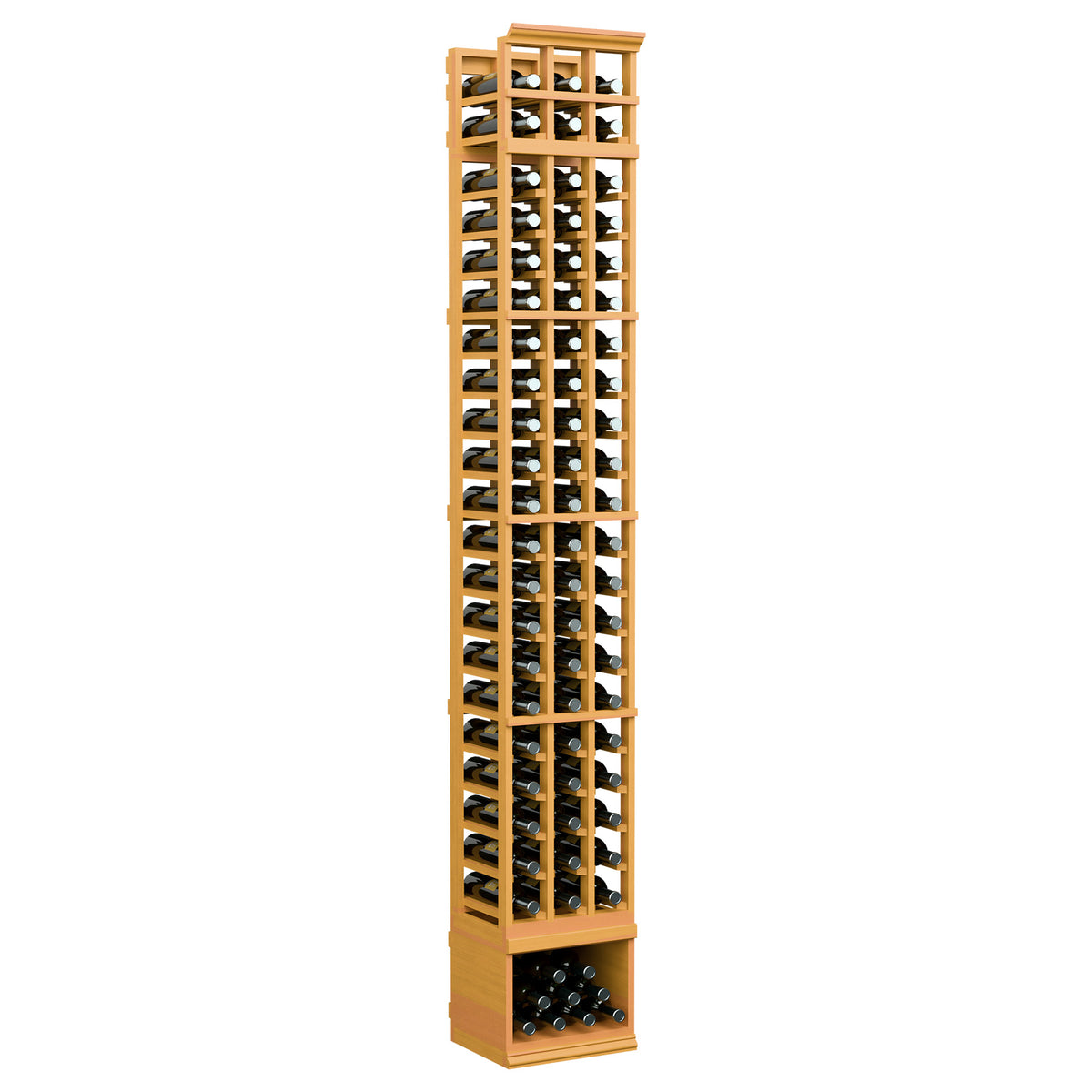 3-column wine bottle rack, golden wood frame with front bottle openings and base holder