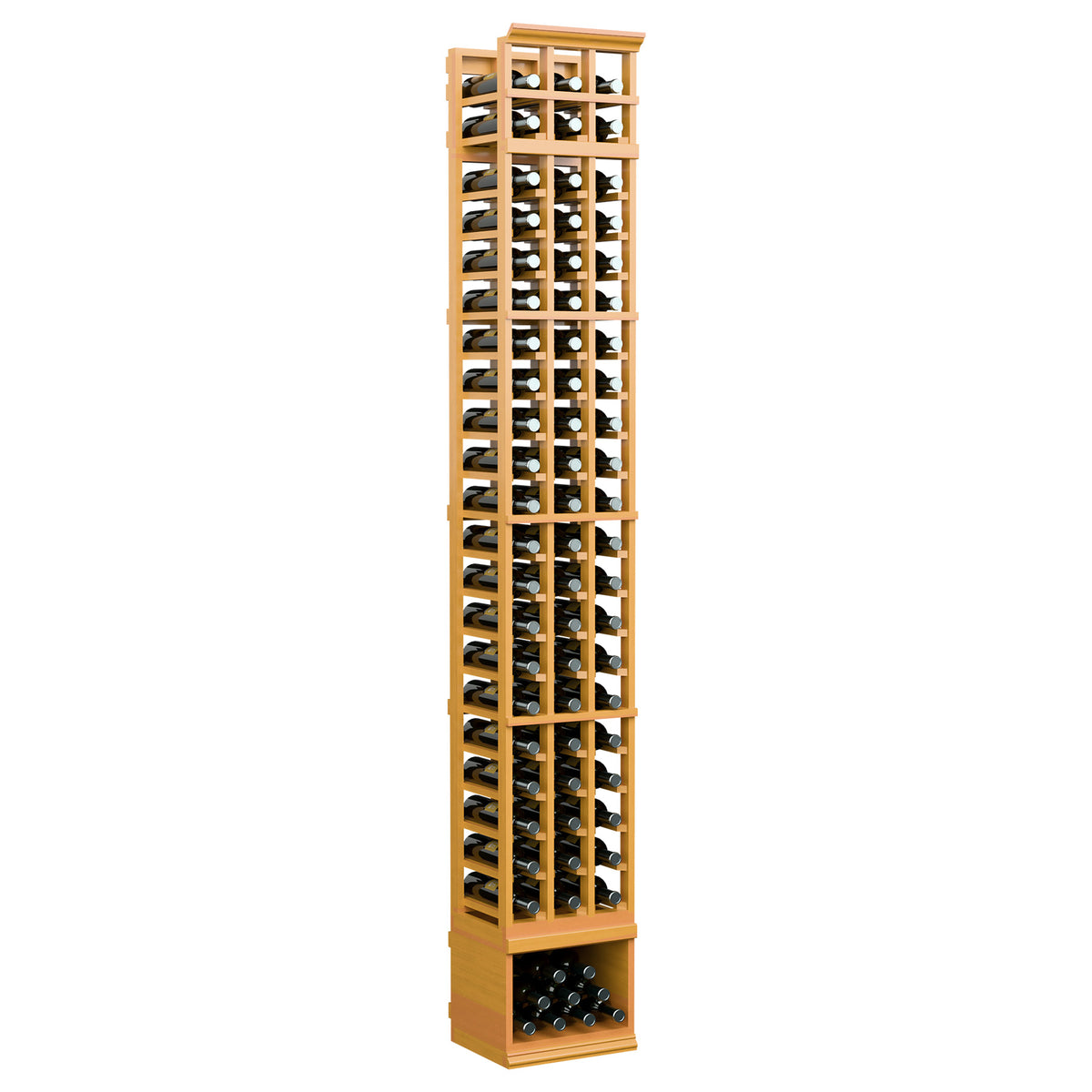 3-column wine bottle rack, golden wood frame with top bottle grid and bottom compartment