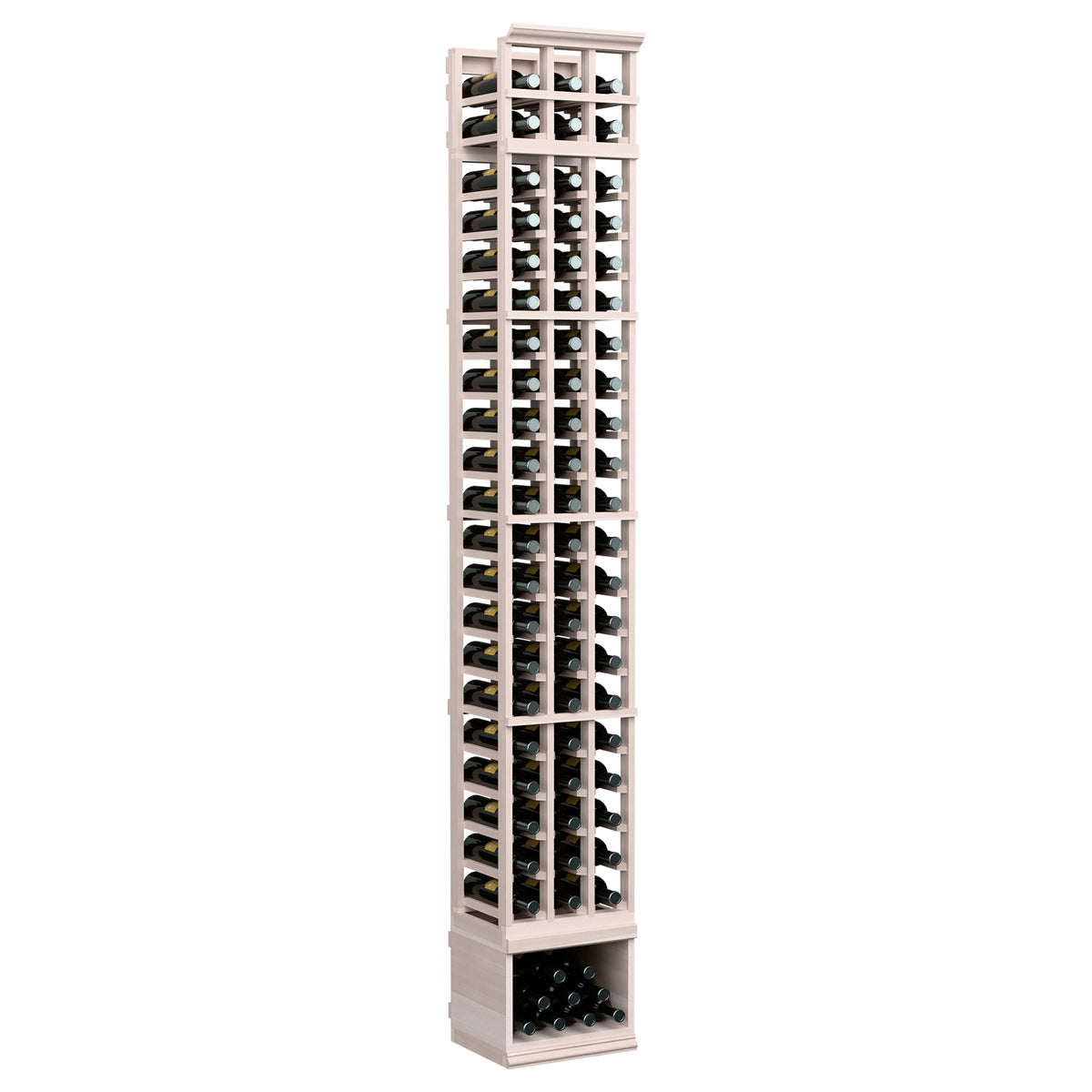 3-column wine bottle rack, light gray wood frame with front bottle slots and base holder