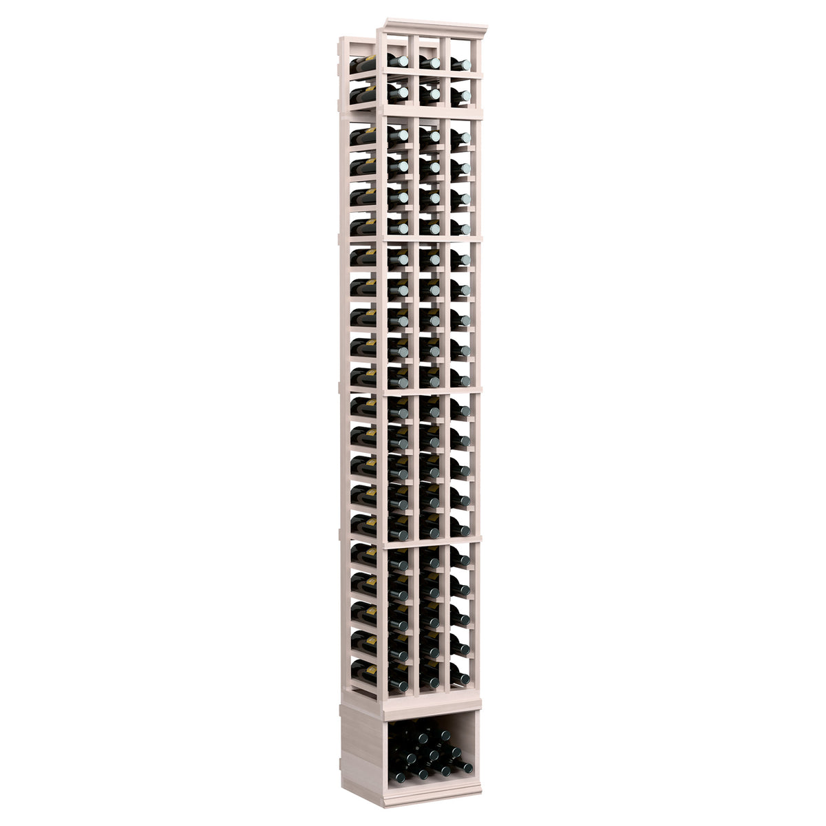 3-column wine bottle rack, light gray wood frame with front bottle grid and lower bottle bin