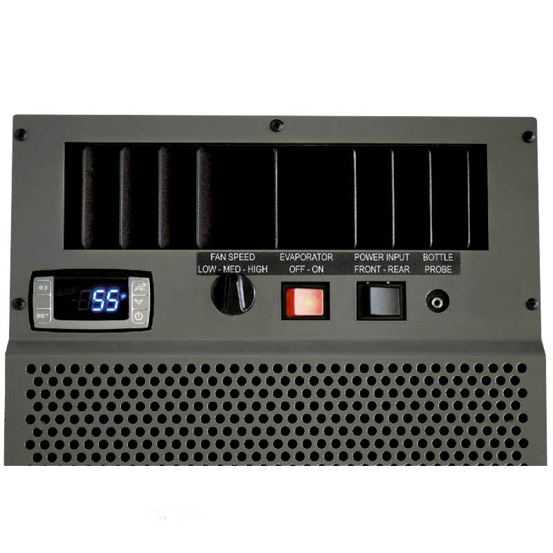 Wine cooling unit front control panel with blue display, dials, and status lights