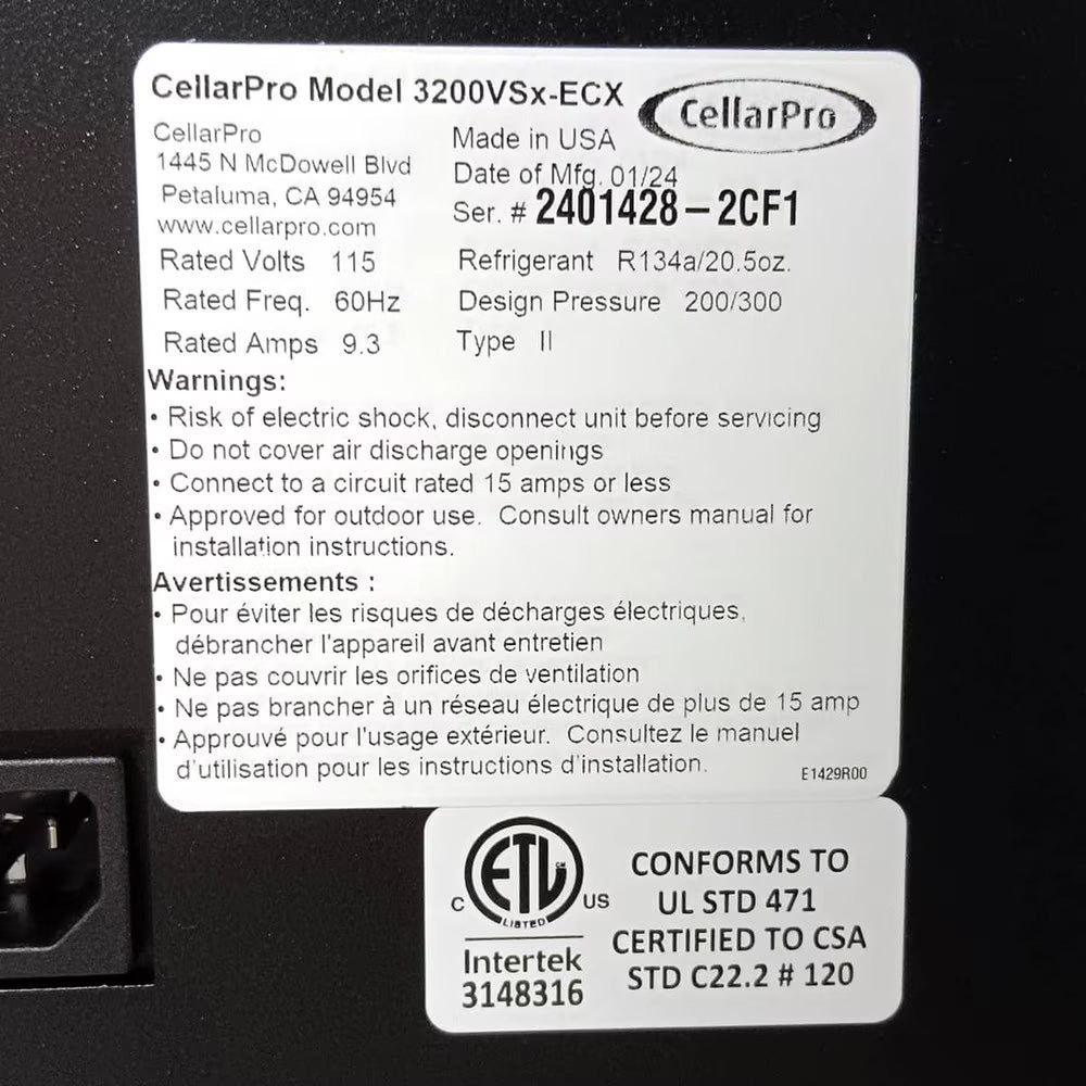 Wine cooling unit specification label with model, voltage, and certification markings