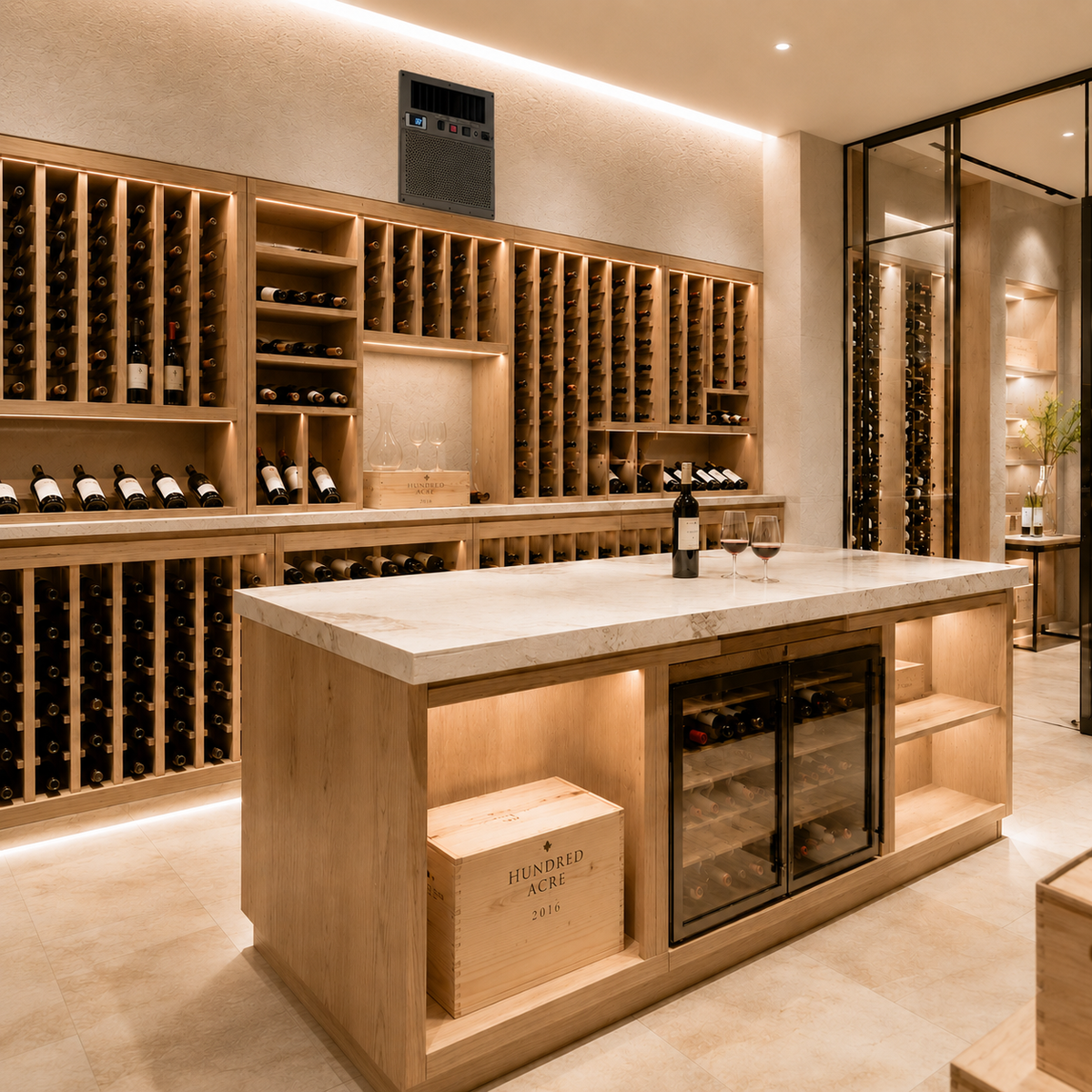 Wine cooling unit built into a bar cabinet in a wine storage room