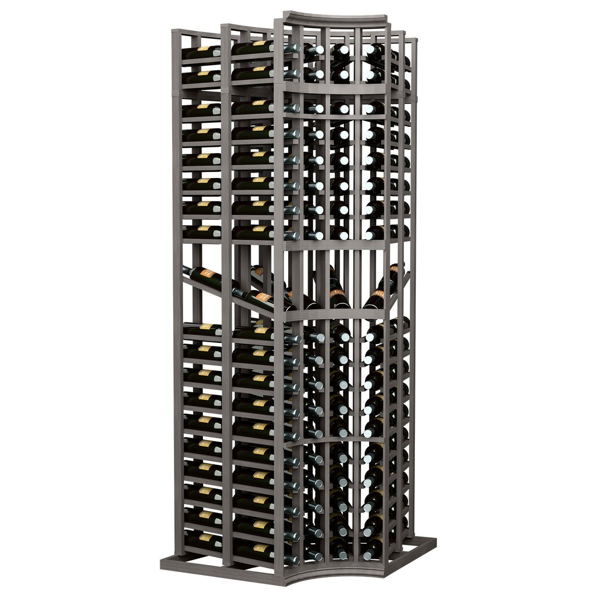 Wine display rack with curved corner, 4 columns, holds bottles and cases, dark finish