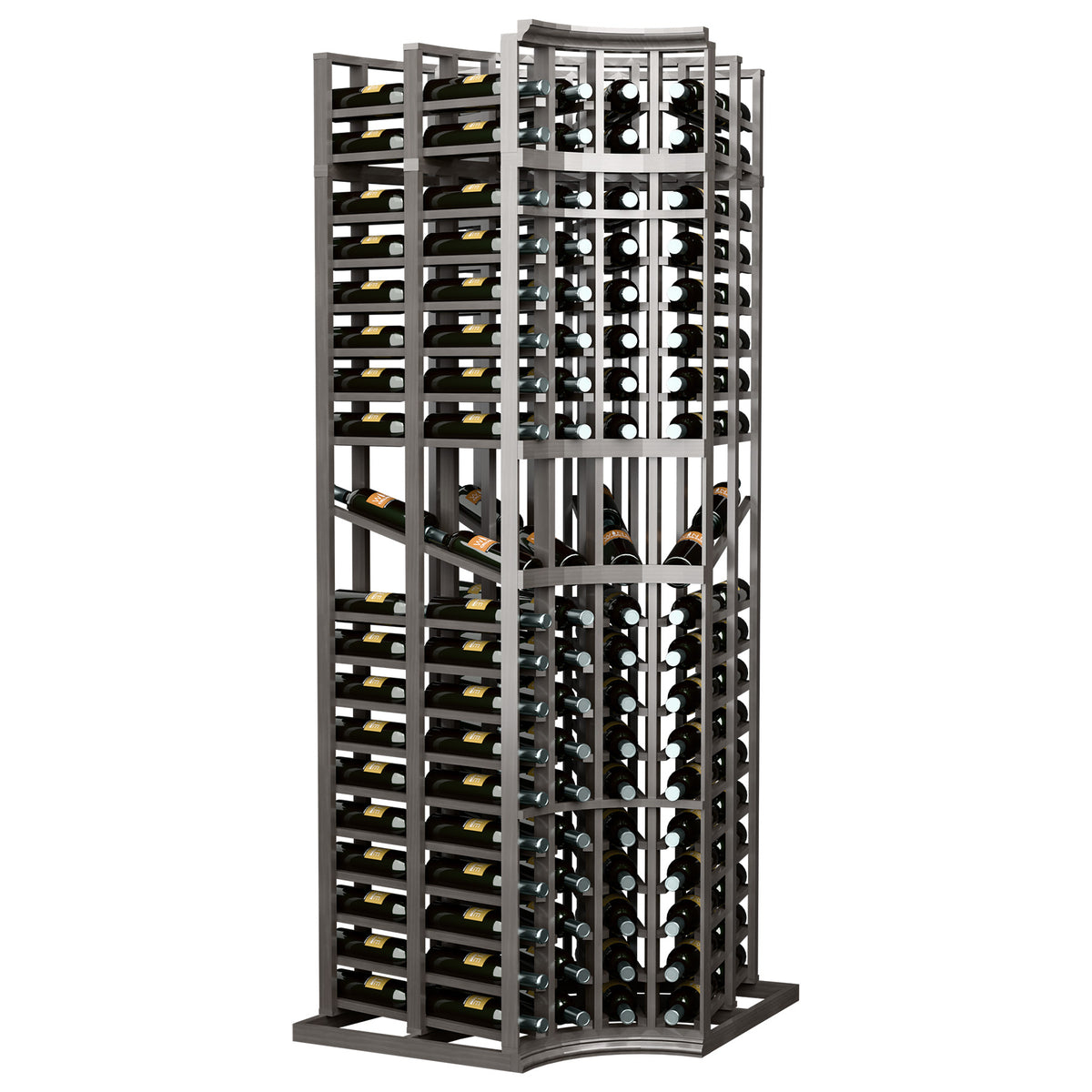 4-column curved corner wine display rack with bottle slots, dark gray/black finish