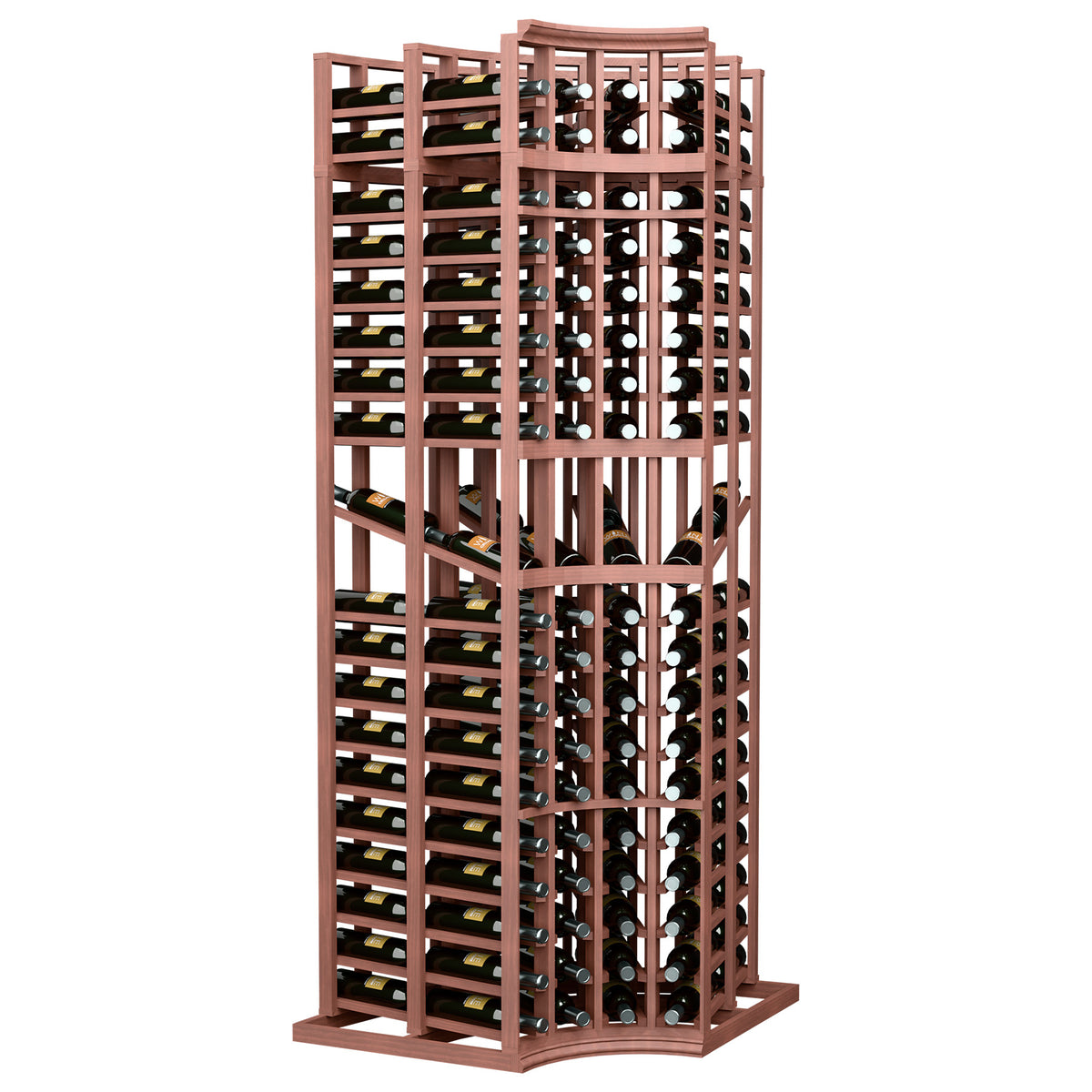 4-column curved corner wine display rack with bottle slots, warm red wood finish