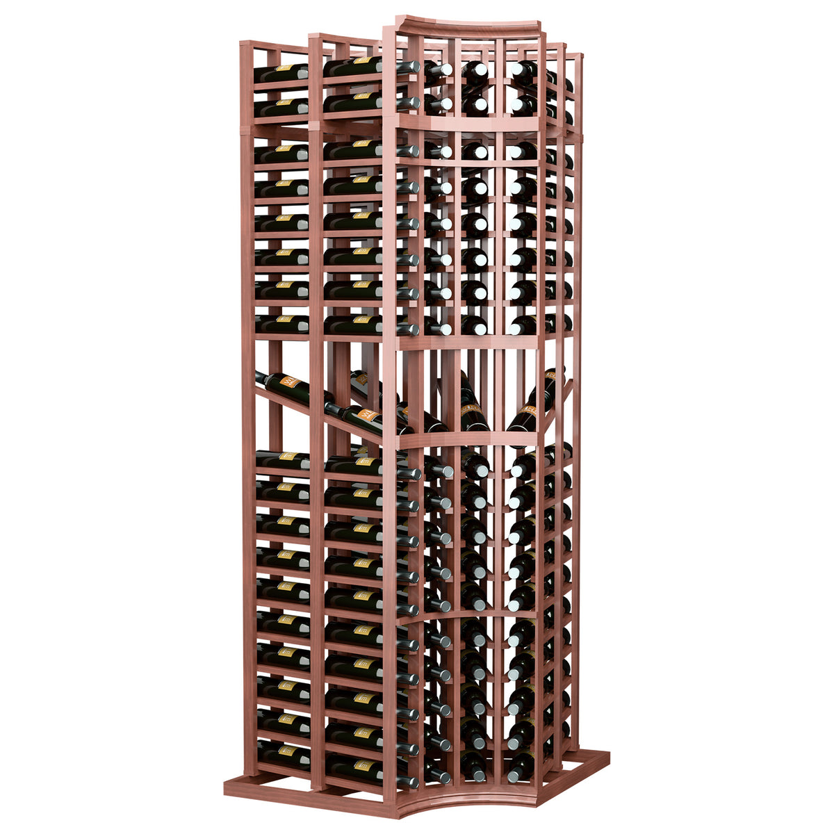 Curved corner wine display rack with 4 columns, bottle slots, reddish wood frame