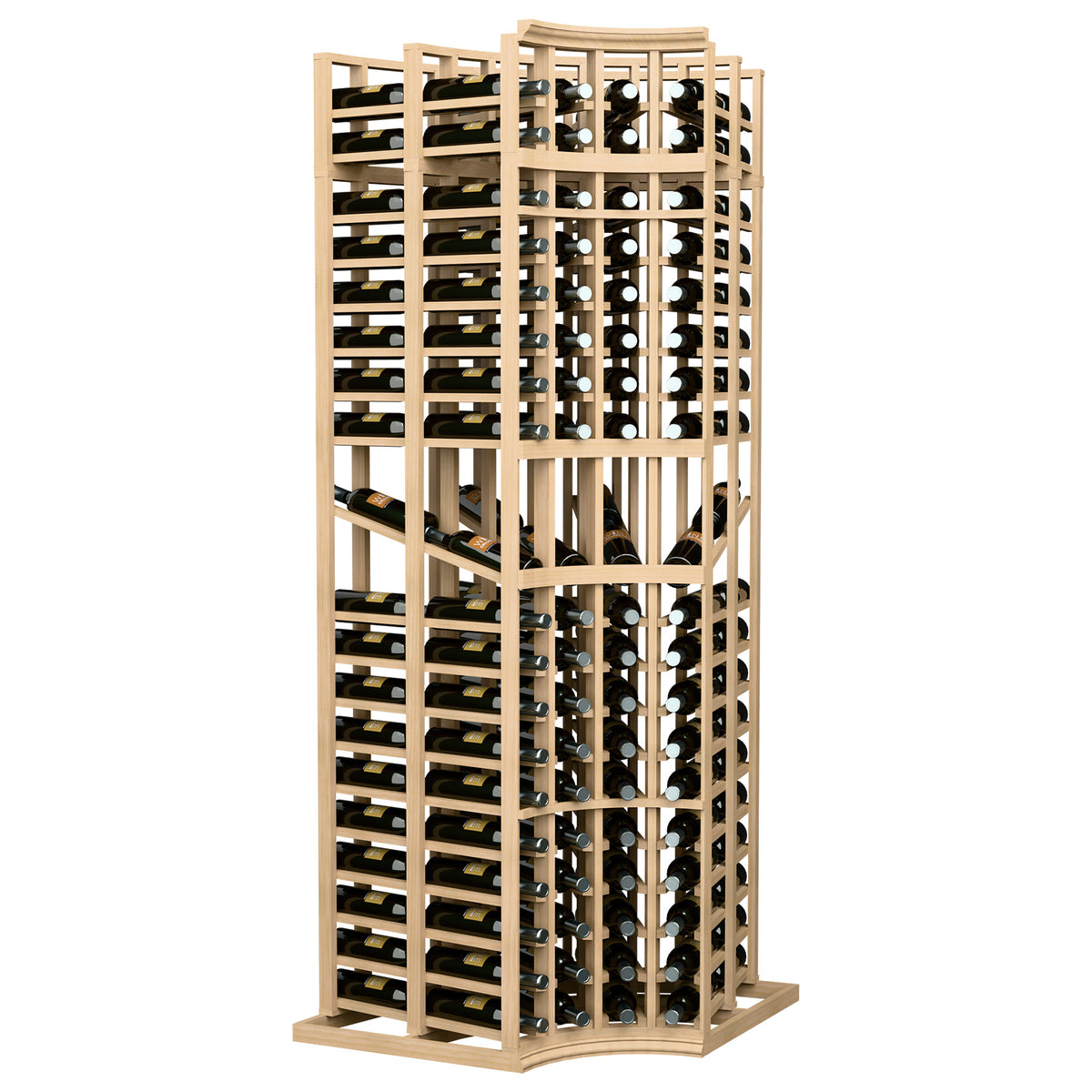 4-column curved corner wine display rack with bottle slots, light wood finish