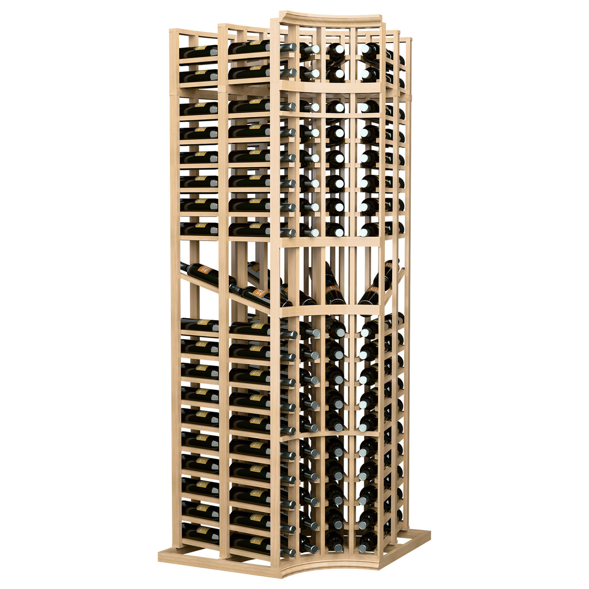 Curved corner wine storage rack with 4 columns, bottle slots, pale wood frame