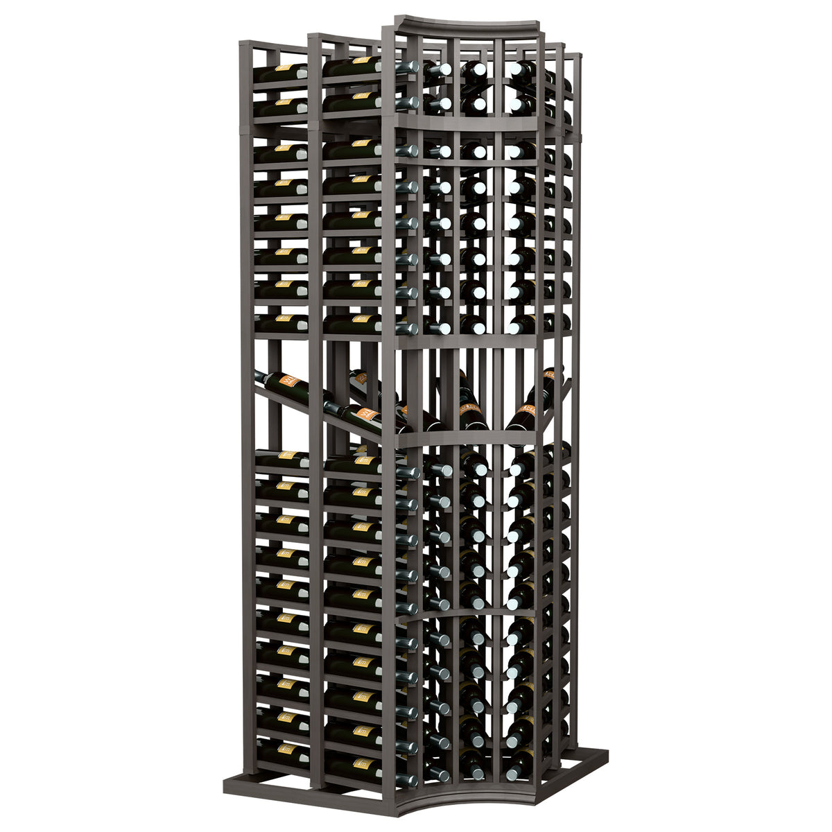 Wine display rack with curved corner, 4 columns, bottle slots, dark finish