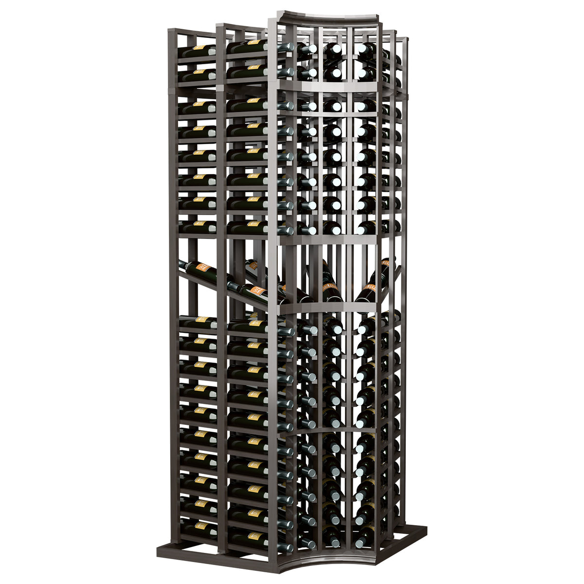 4-column curved corner wine display rack with bottle slots, dark gray/black frame