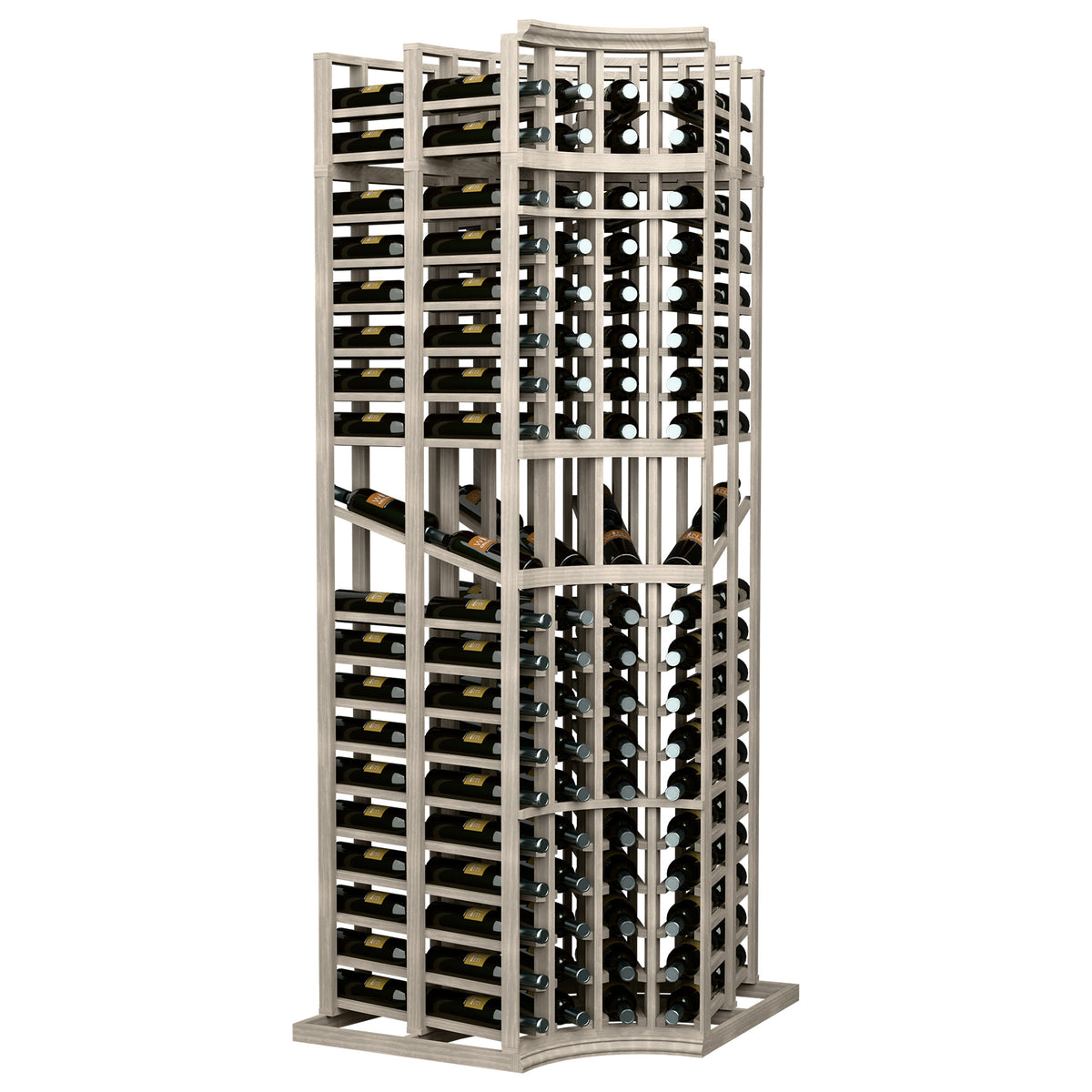 Wine display rack with four columns, curved corners, double-deep bottle slots; light frame