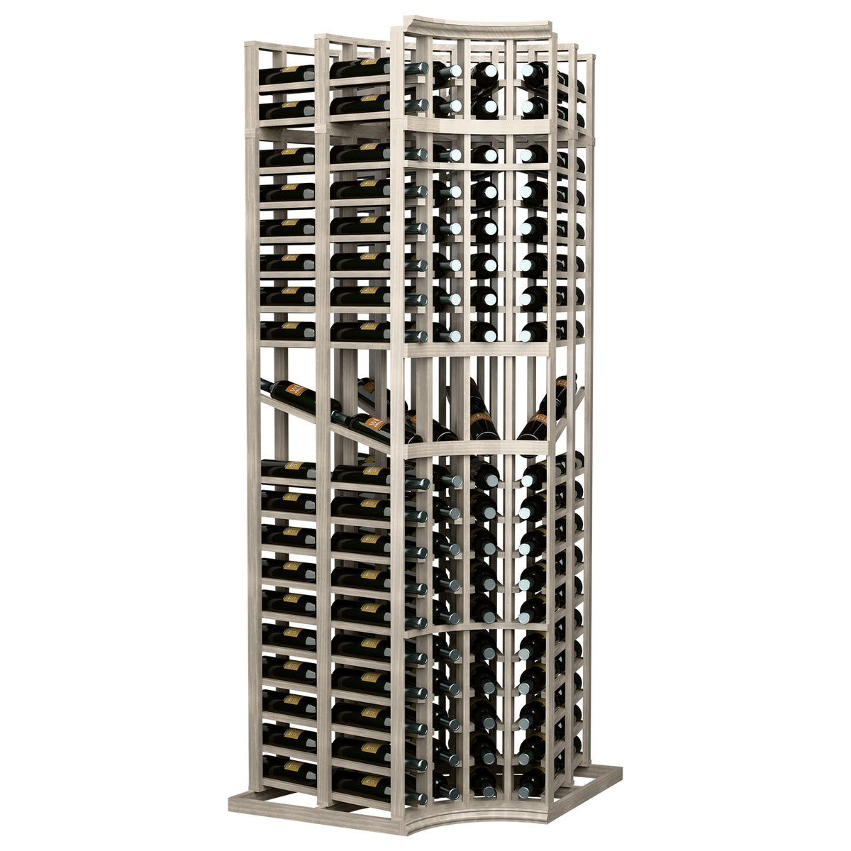 Wine display rack with four columns and curved corners; double-deep rows for bottles; light frame