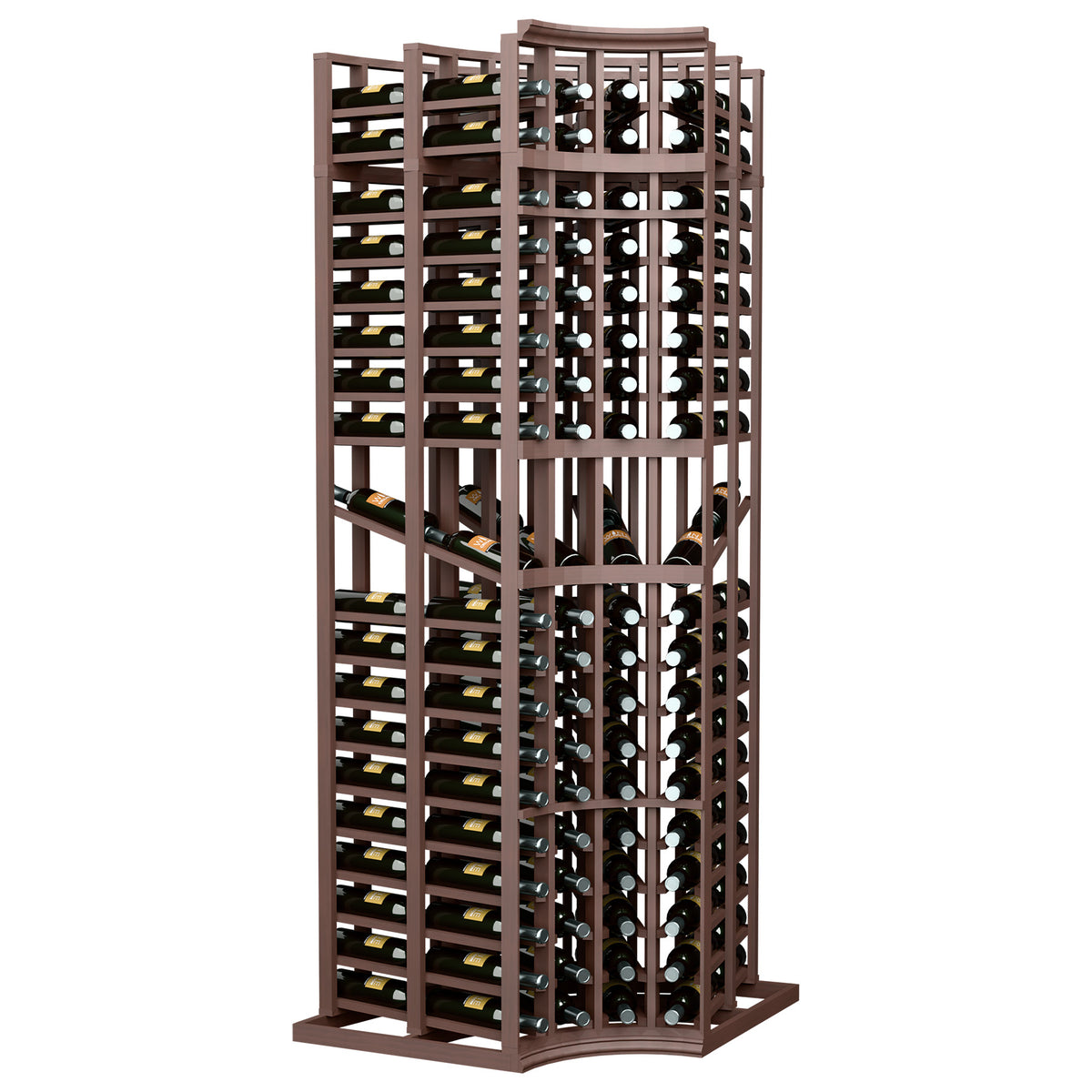 Wine display rack with four columns and curved corners; double-deep bottle slots; dark brown frame