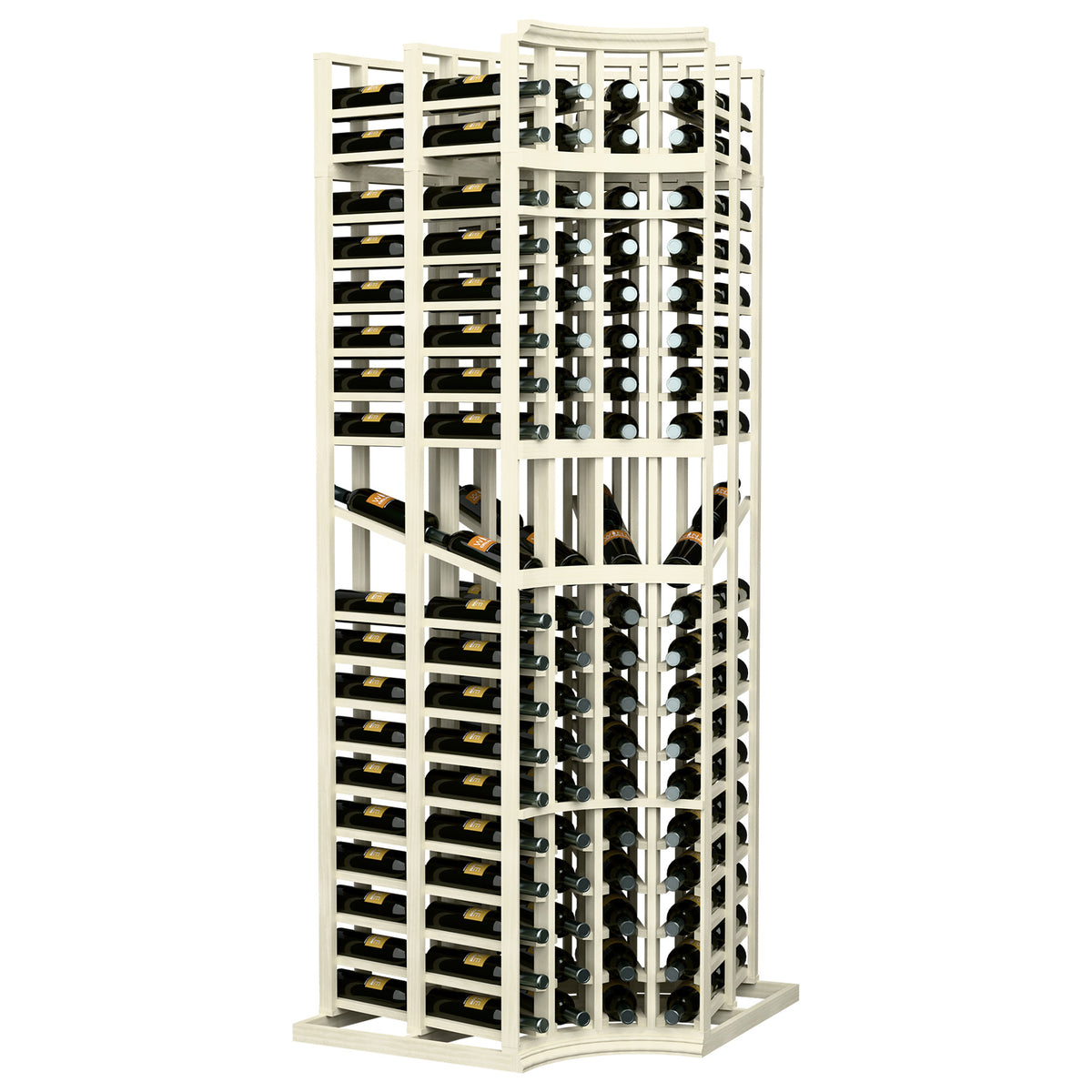 Wine display rack with four columns, curved corners, double-deep bottle slots; white/light frame