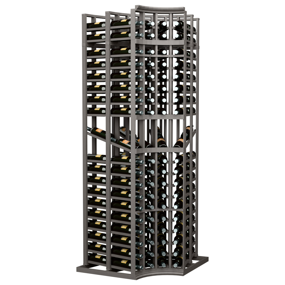 Wine display rack, 4-column curved corner, double-deep bottle slots, dark frame
