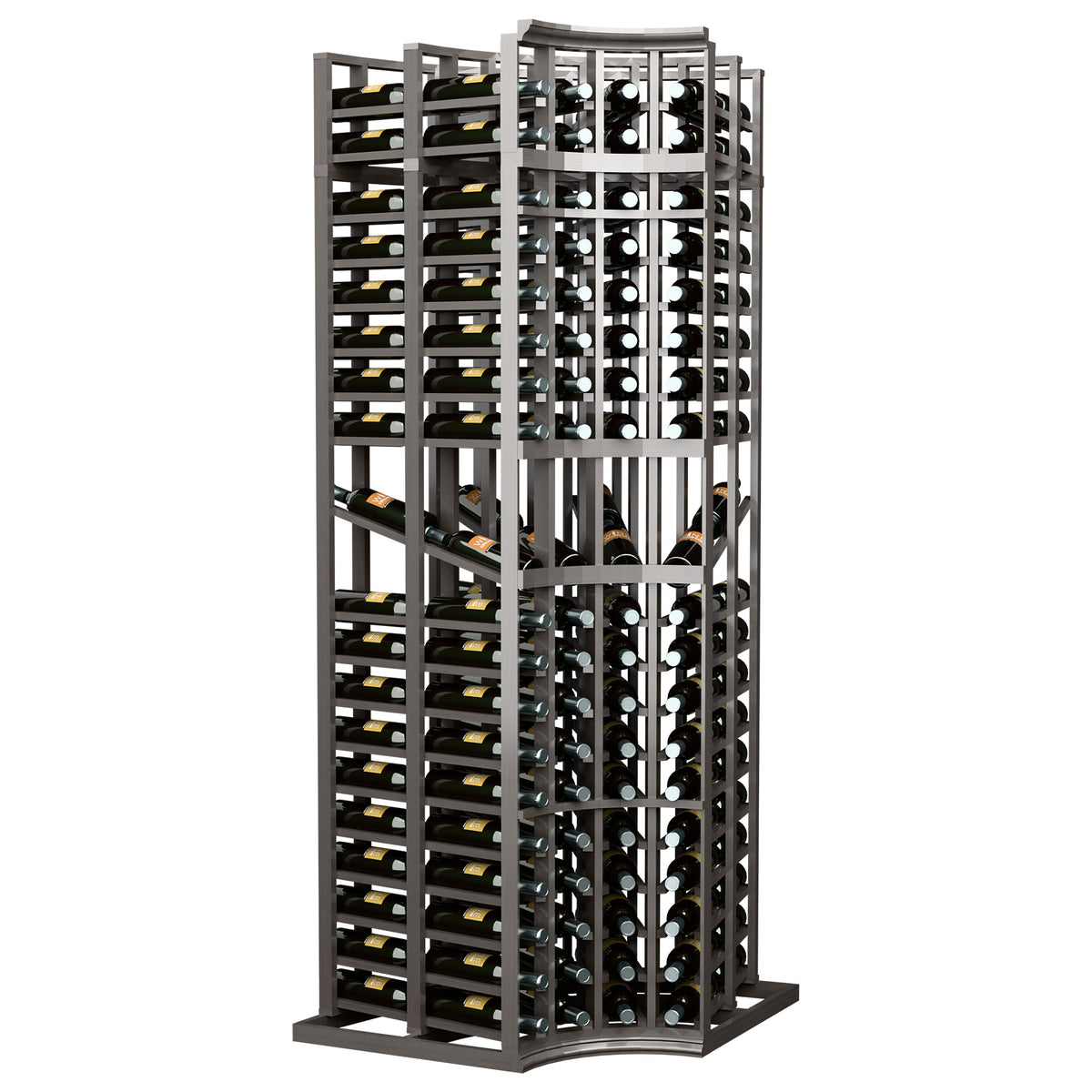 Wine display rack with 4 columns and curved corner, double-deep slots, charcoal frame