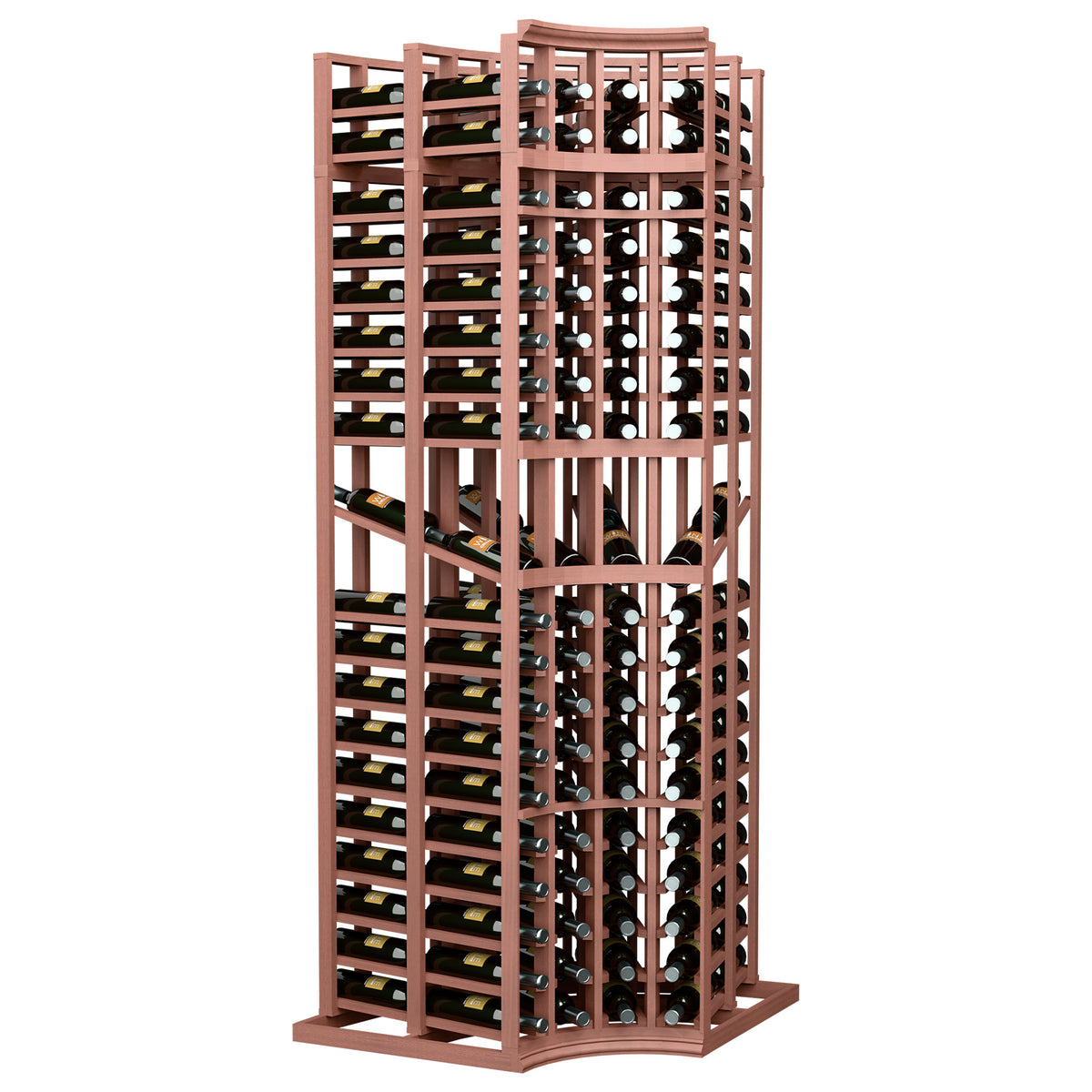 Wine display rack, 4-column curved corner, double-deep bottle slots, red-brown frame