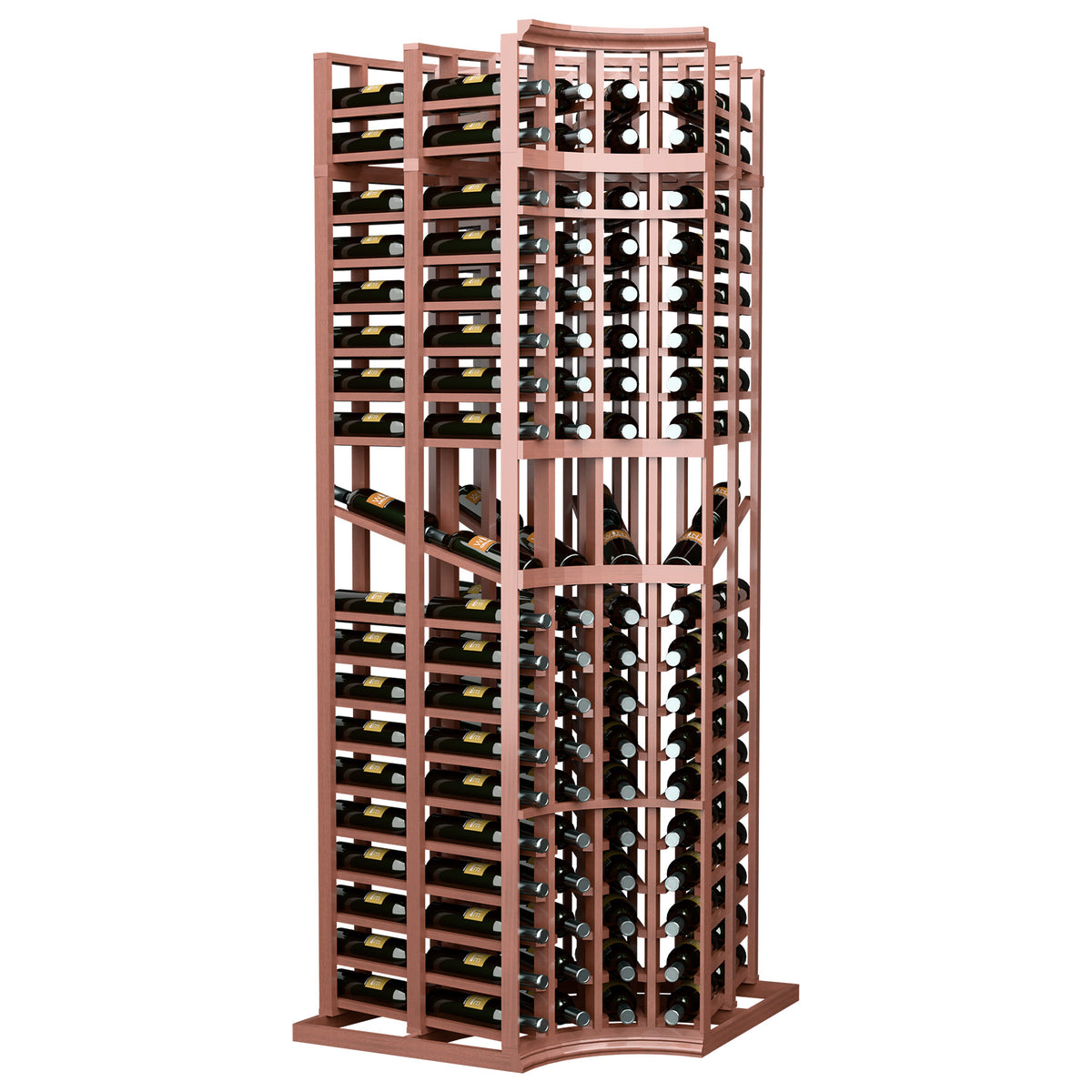 Wine display rack with 4 columns, curved corner, double-deep bottle slots, warm brown frame