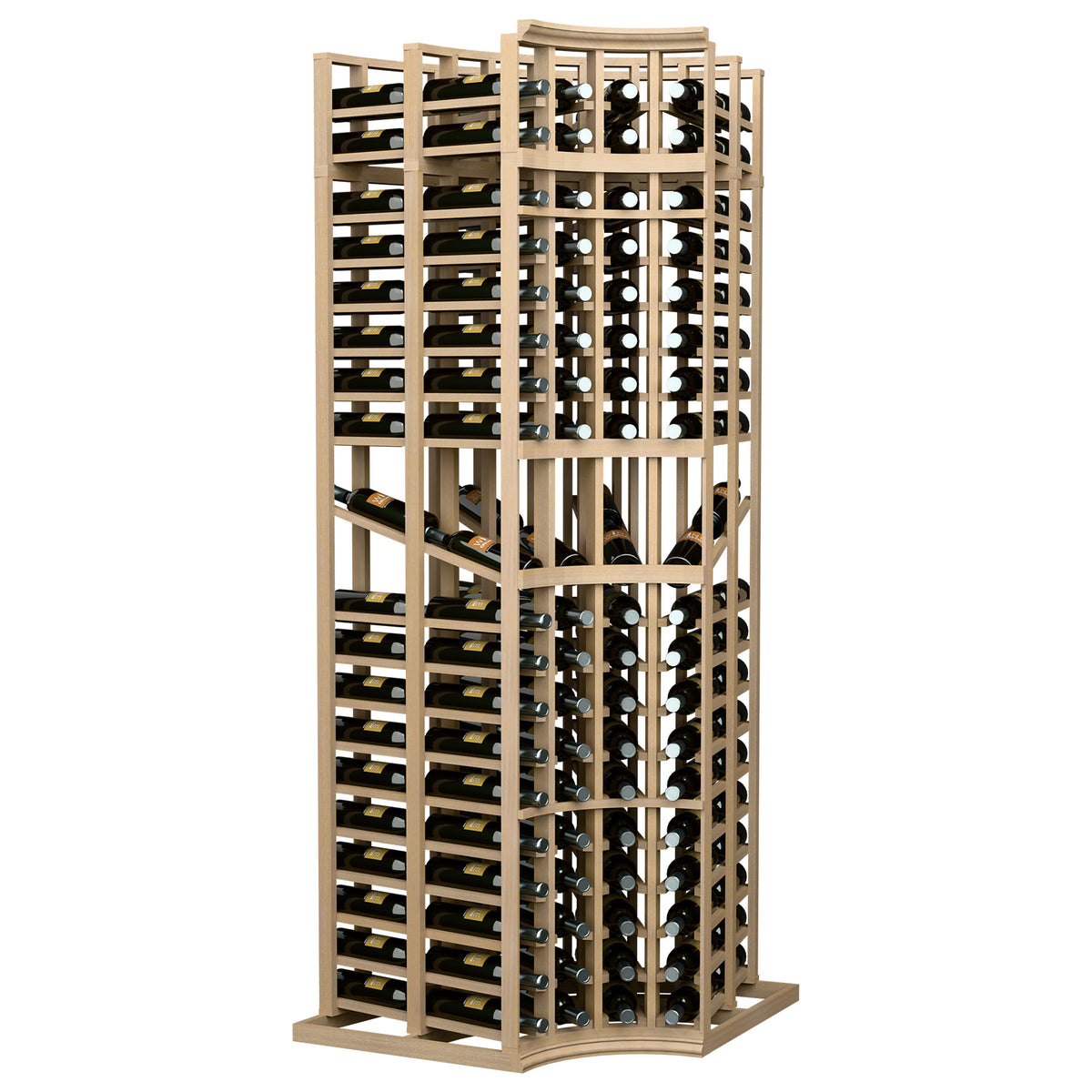 Wine display rack with 4 columns, curved corner, double-deep bottle slots, light wood frame