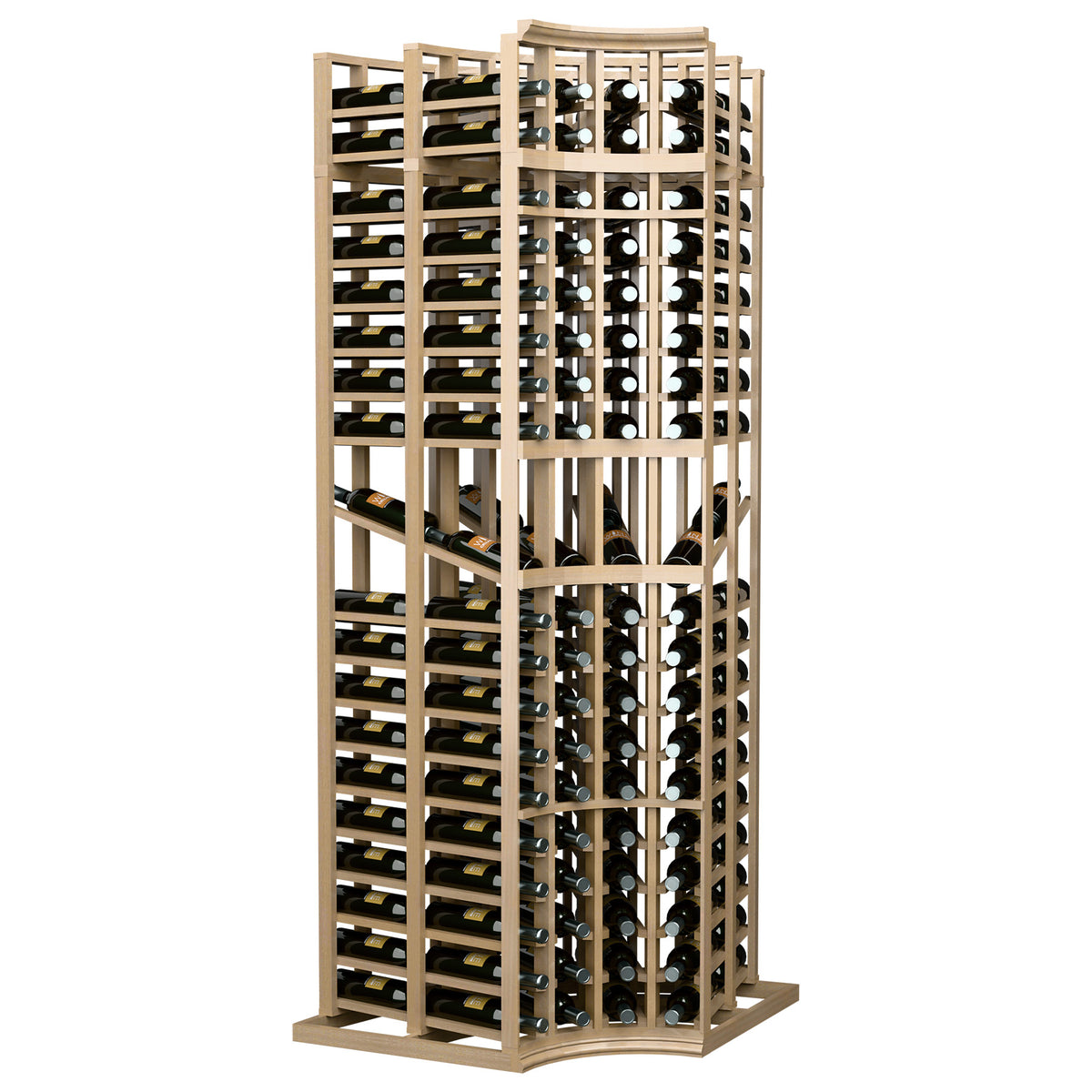 Wine display rack with 4 columns and curved corner, double-deep slots, pale beige frame