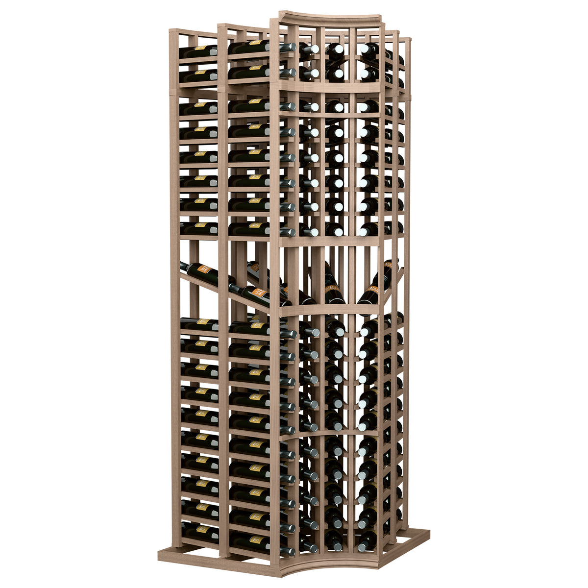 Wine display rack, curved corner 4-column design, double-deep bottle slots, tan frame