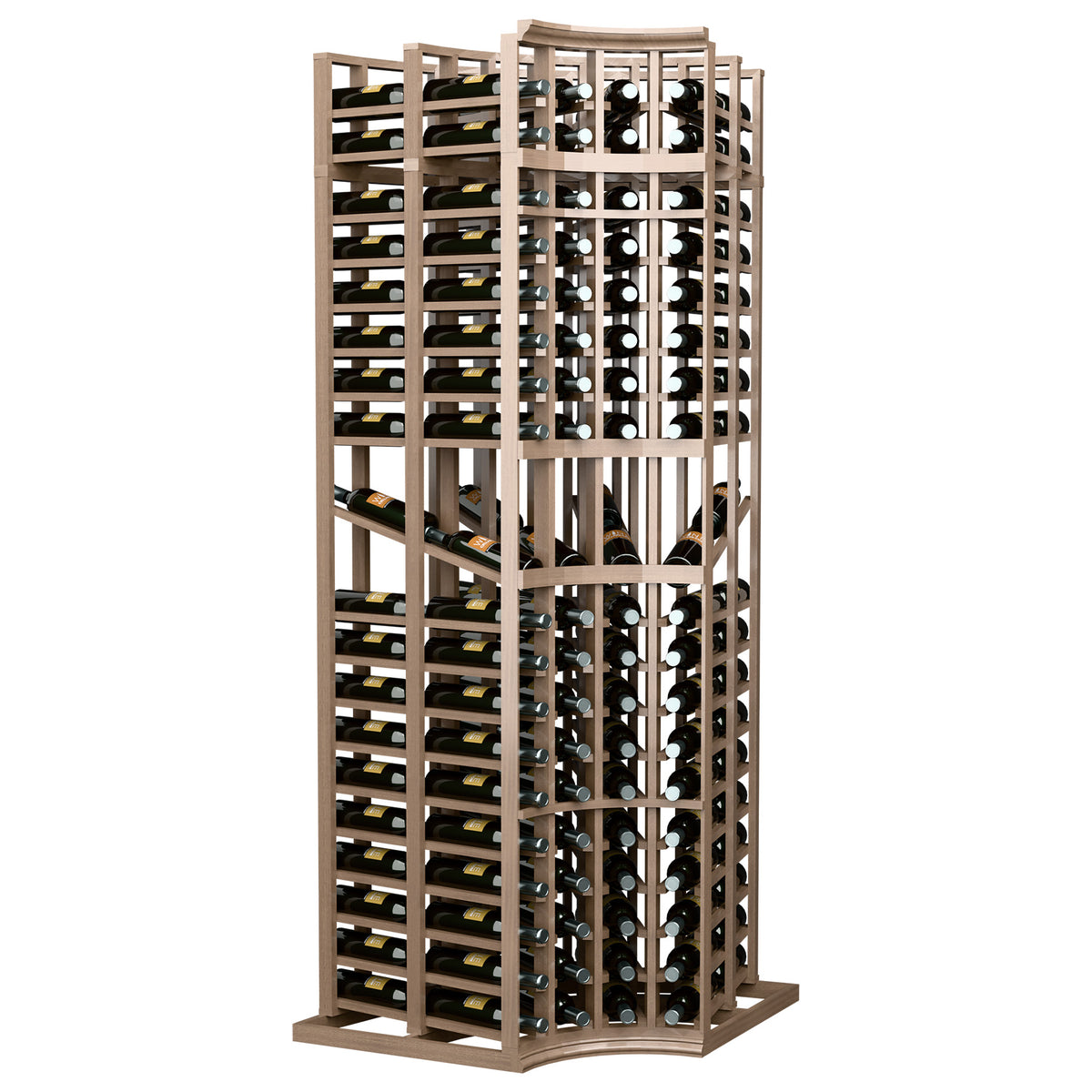 Wine display rack with 4 columns and curved corner, double-deep bottle slots, light tan frame