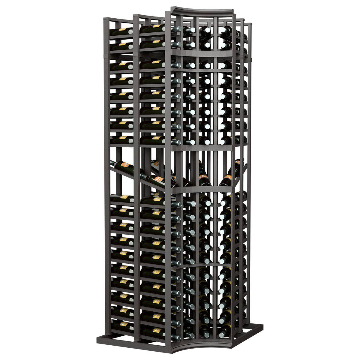 Wine display rack, 4-column curved corner, double-deep bottle slots, dark gray frame