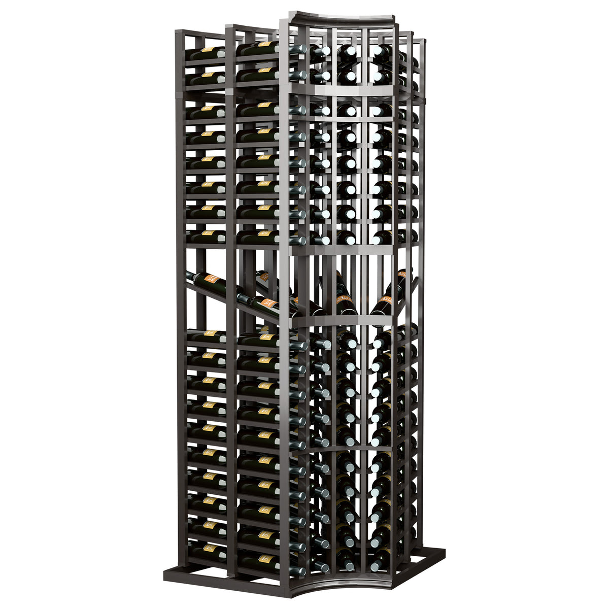 Wine display rack, curved corner 4-column, double-deep bottle slots, black frame