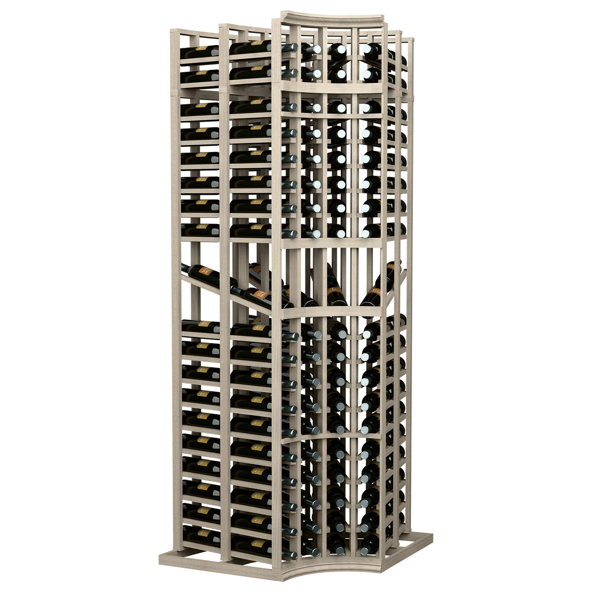 Curved corner wine display rack with 4 columns, double-deep shelves, 7 ft height.